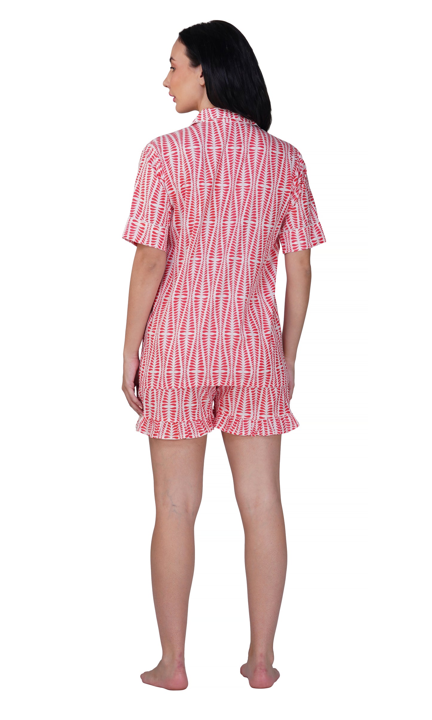 Crimson Mirage: 3-Piece Geometric Print Shorts Pajama Set