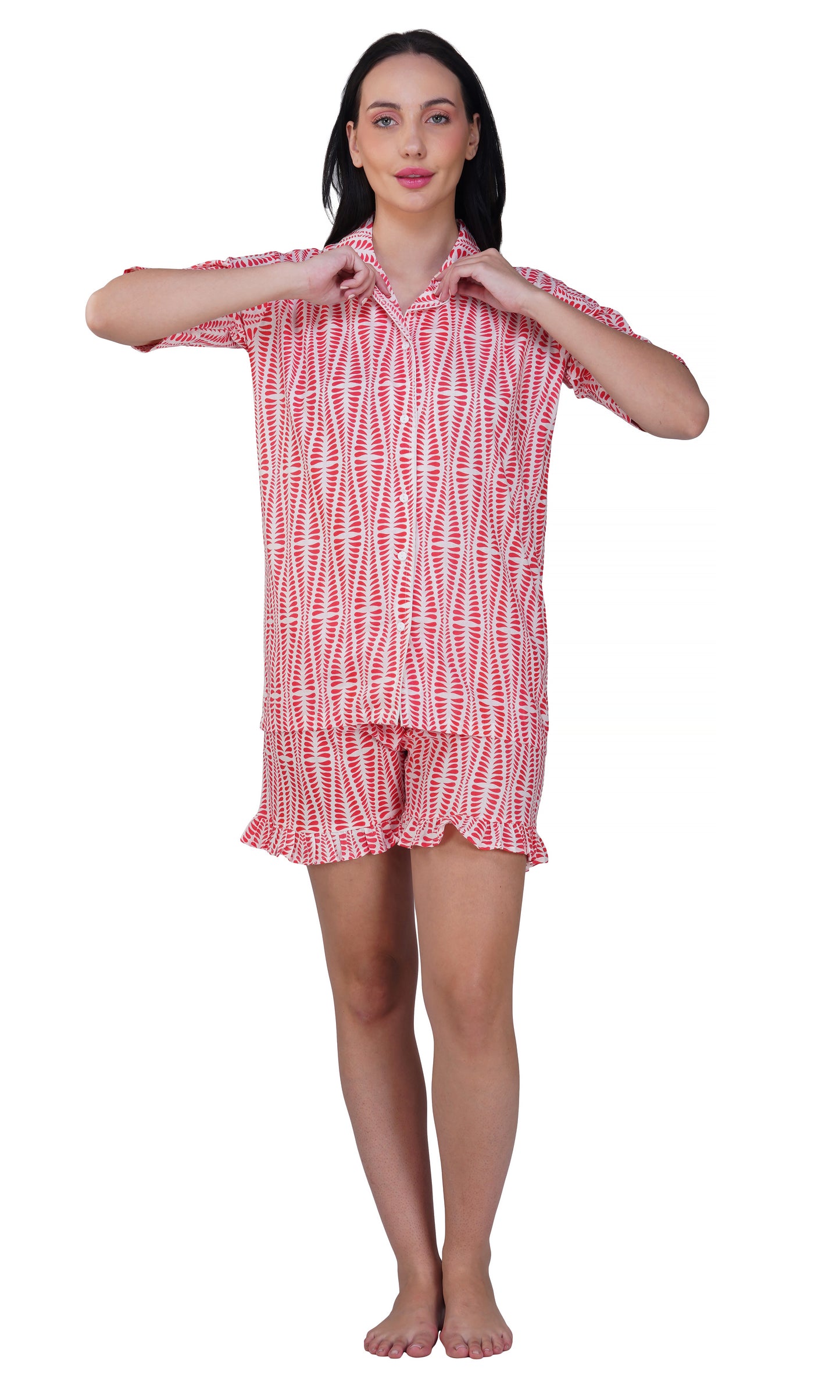 Crimson Mirage: 3-Piece Geometric Print Shorts Pajama Set