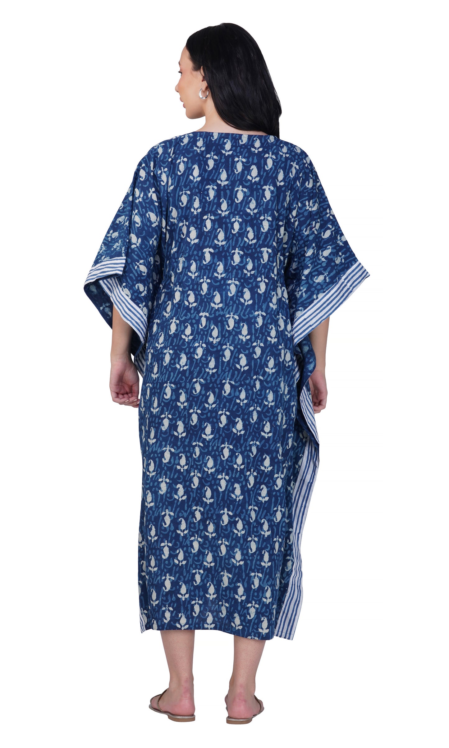 Indigo Oasis Cotton Kaftan with Pink Detail