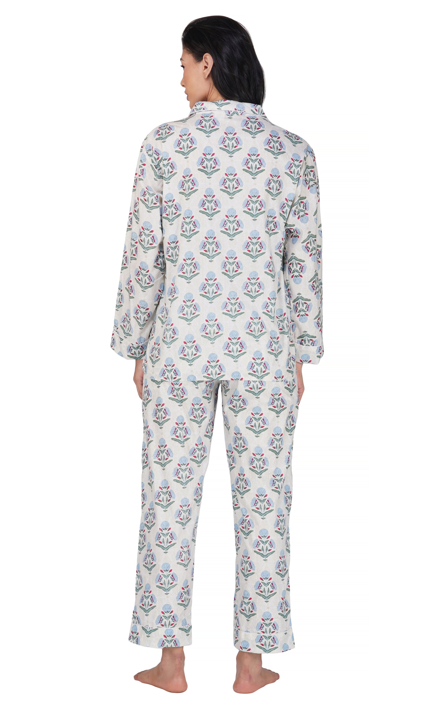 Blue Bloom: 3-Piece Women's Block Printed Pajama Set