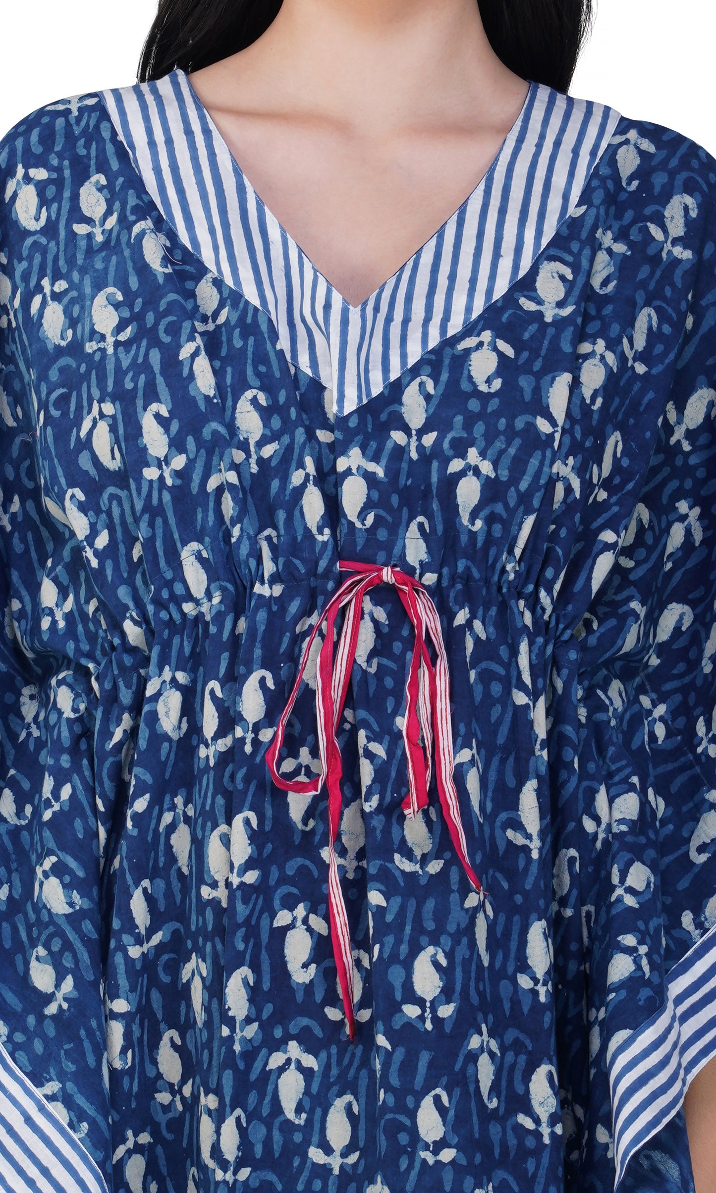 Indigo Oasis Cotton Kaftan with Pink Detail