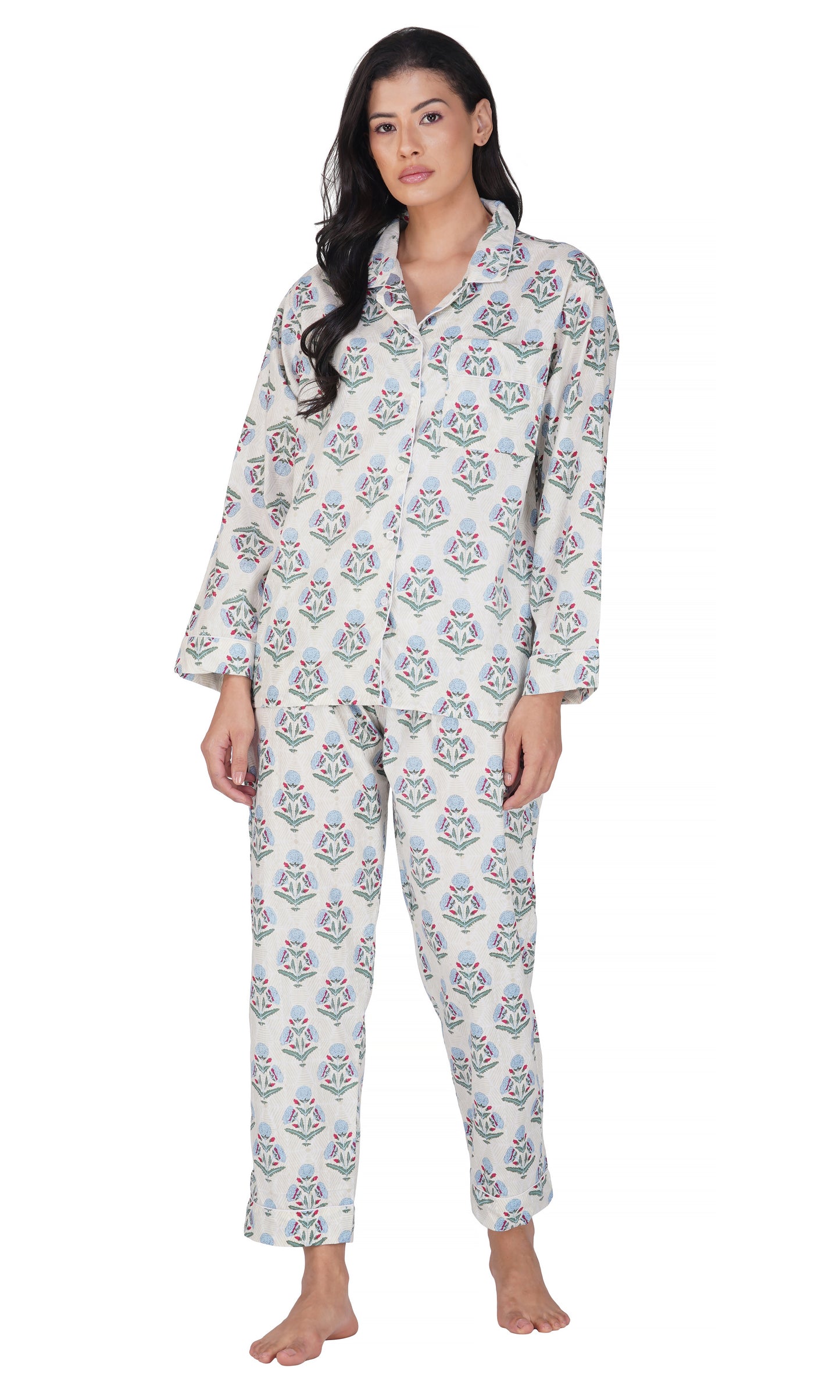 Blue Bloom: 3-Piece Women's Block Printed Pajama Set