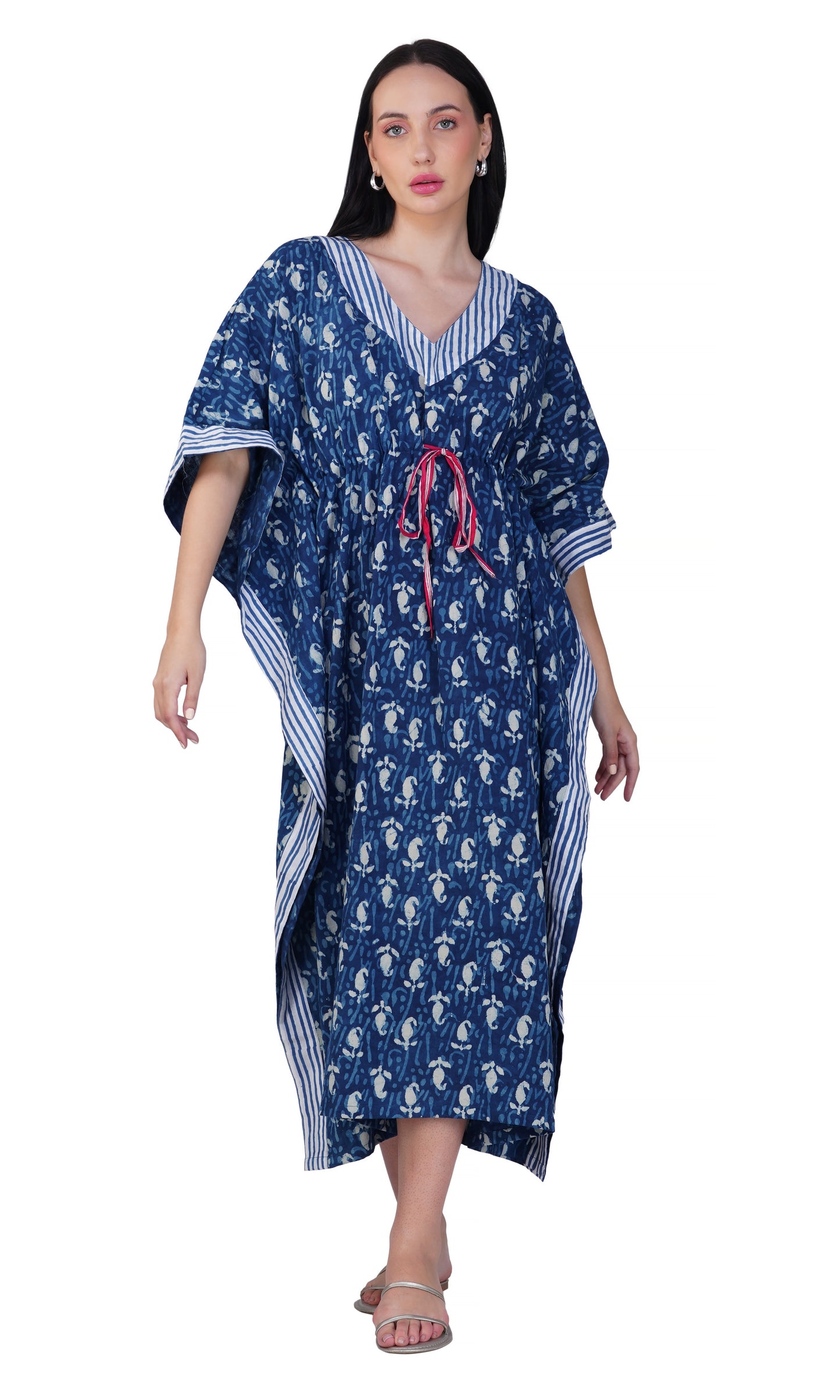 Indigo Oasis Cotton Kaftan with Pink Detail