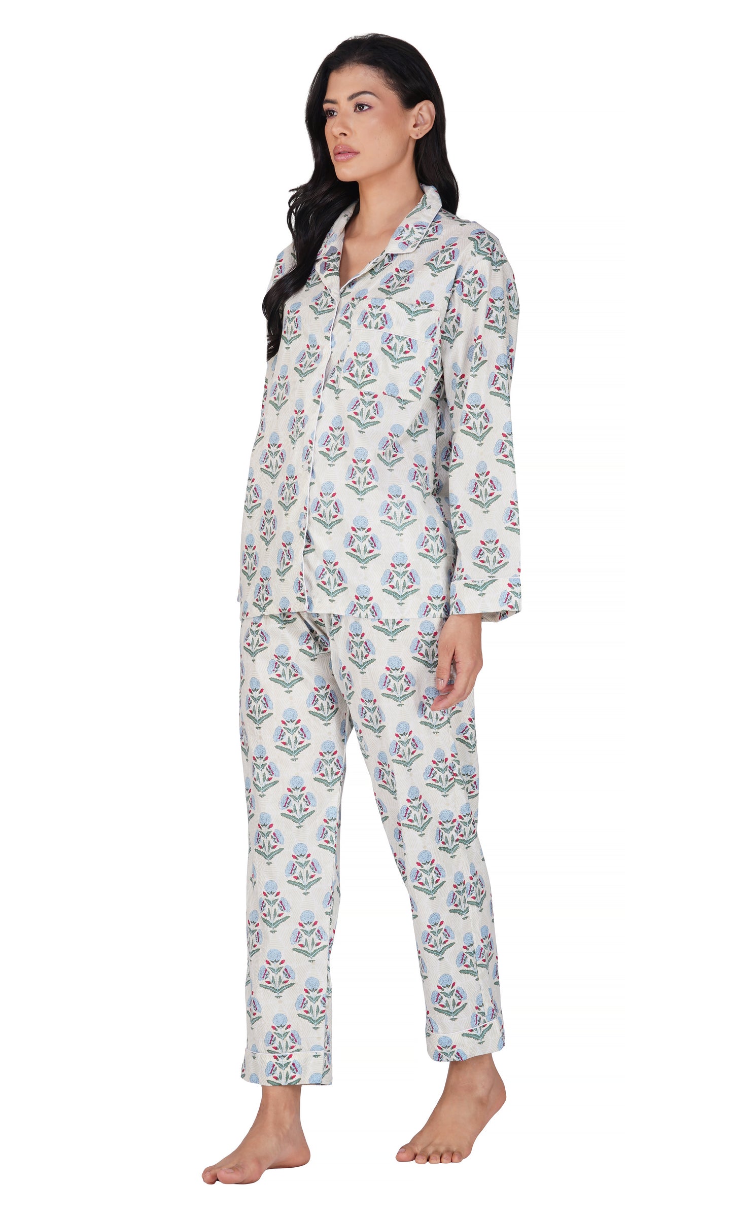 Blue Bloom: 3-Piece Women's Block Printed Pajama Set
