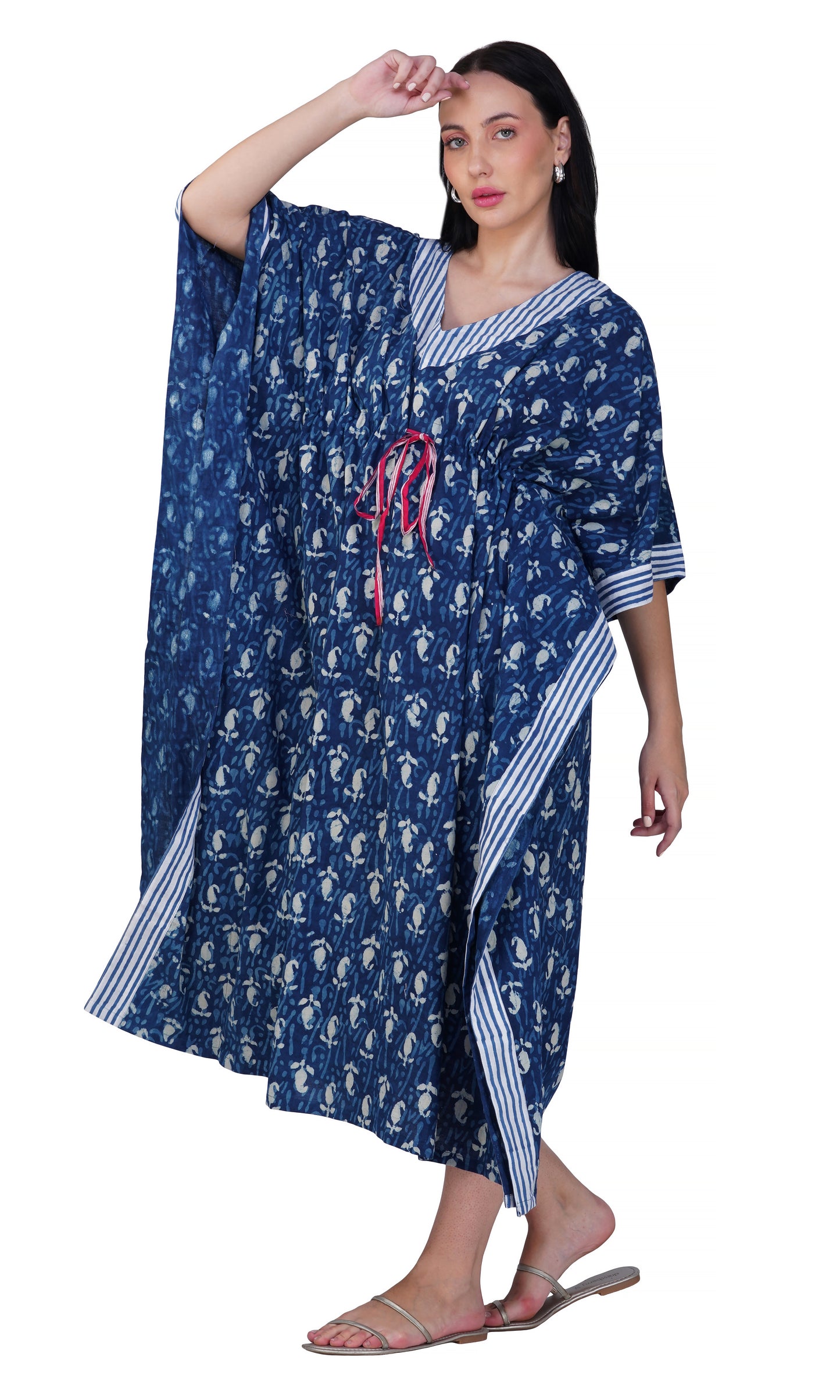 Indigo Oasis Cotton Kaftan with Pink Detail