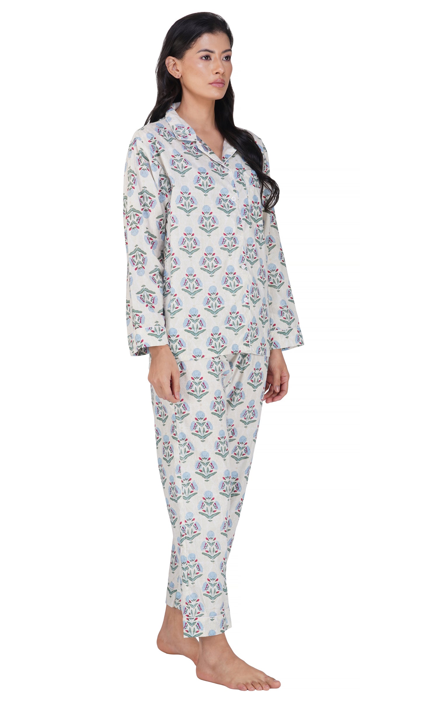 Blue Bloom: 3-Piece Women's Block Printed Pajama Set