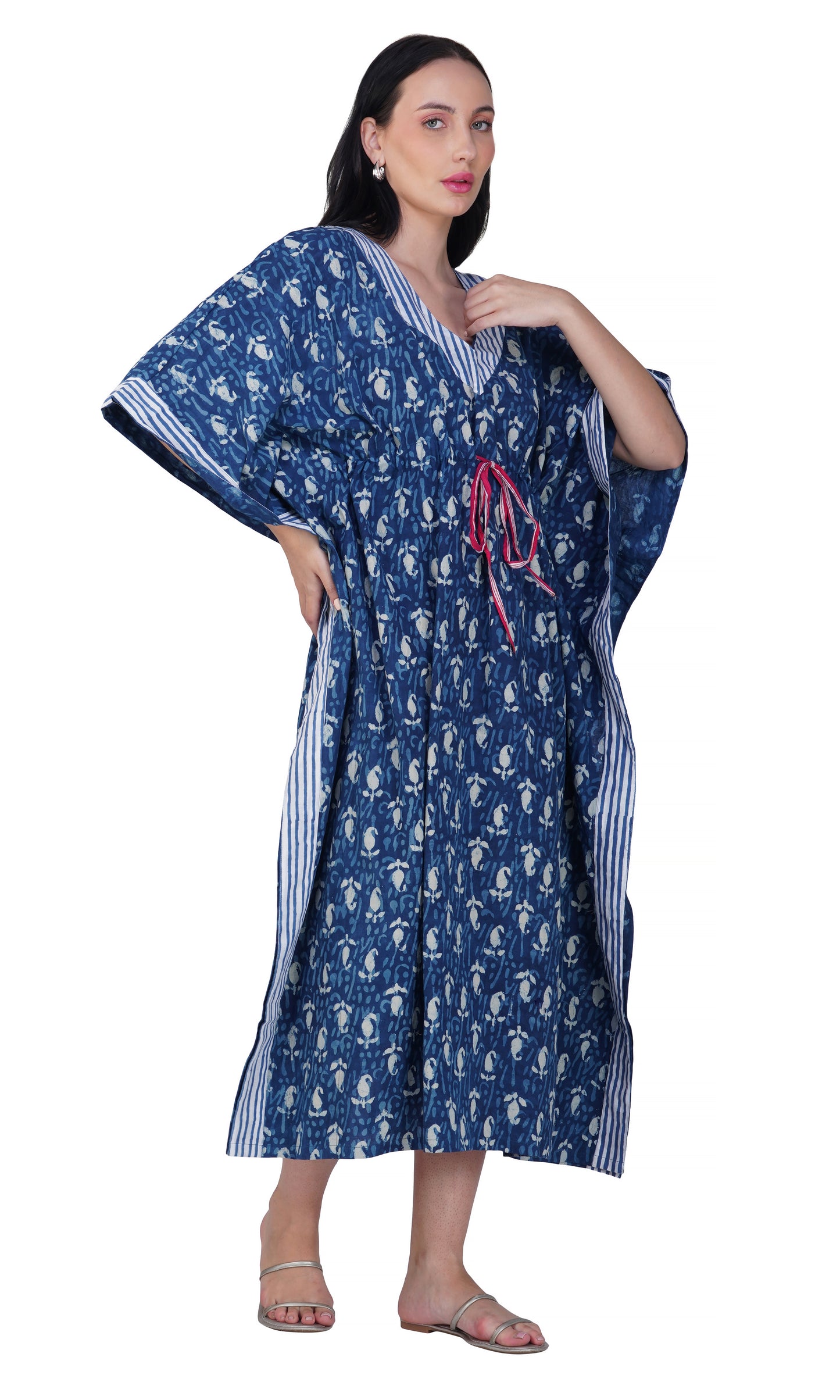 Indigo Oasis Cotton Kaftan with Pink Detail