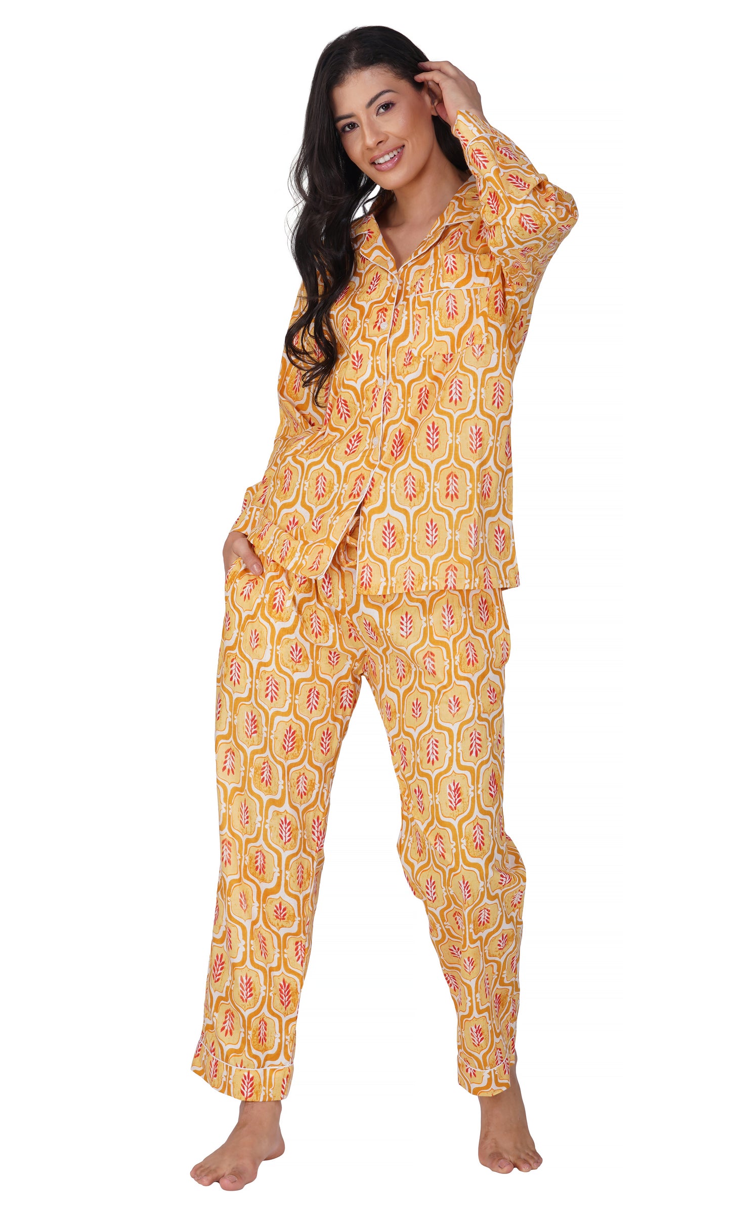 Sunrise Blossom: 3-Piece Yellow Red Block Print Pajama Set