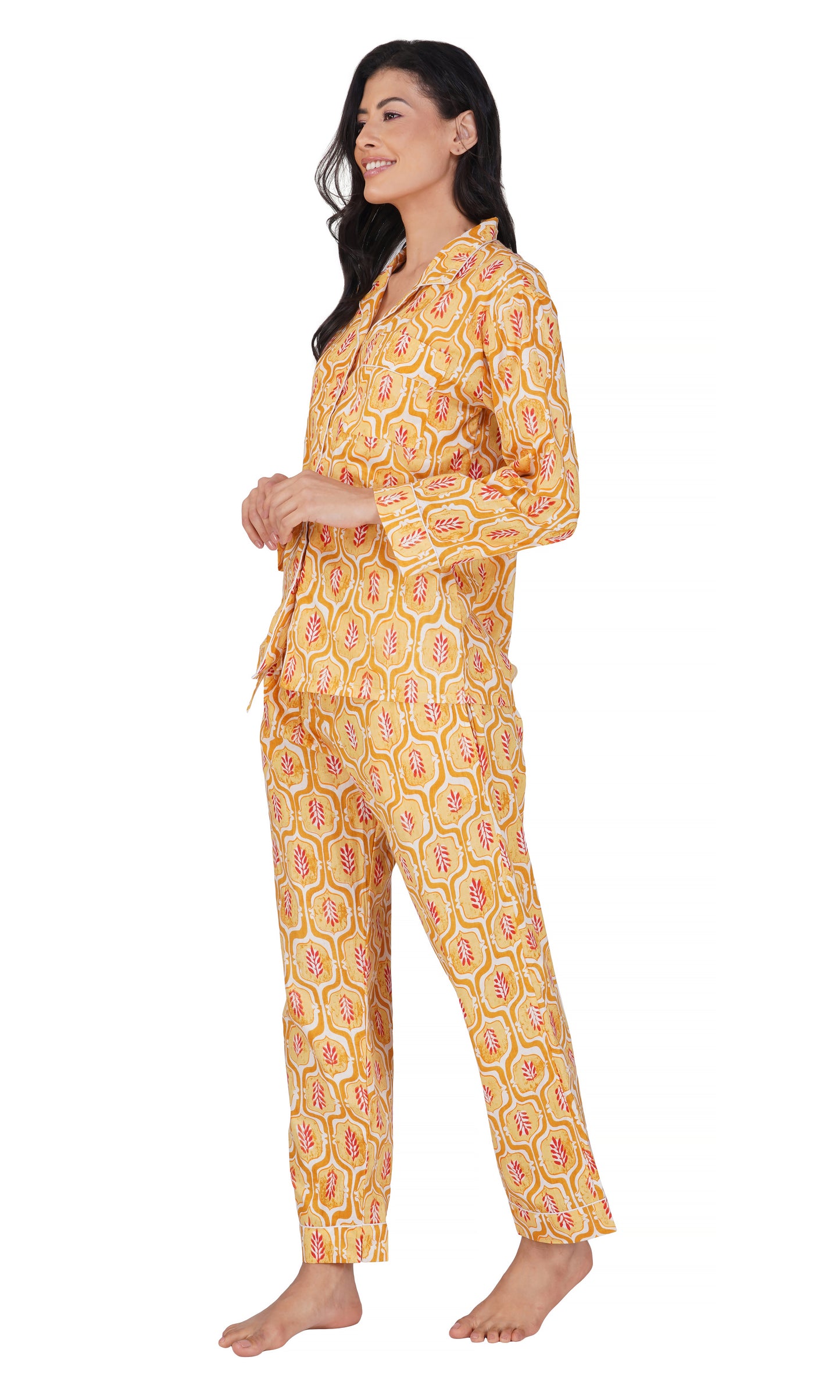 Sunrise Blossom: 3-Piece Yellow Red Block Print Pajama Set