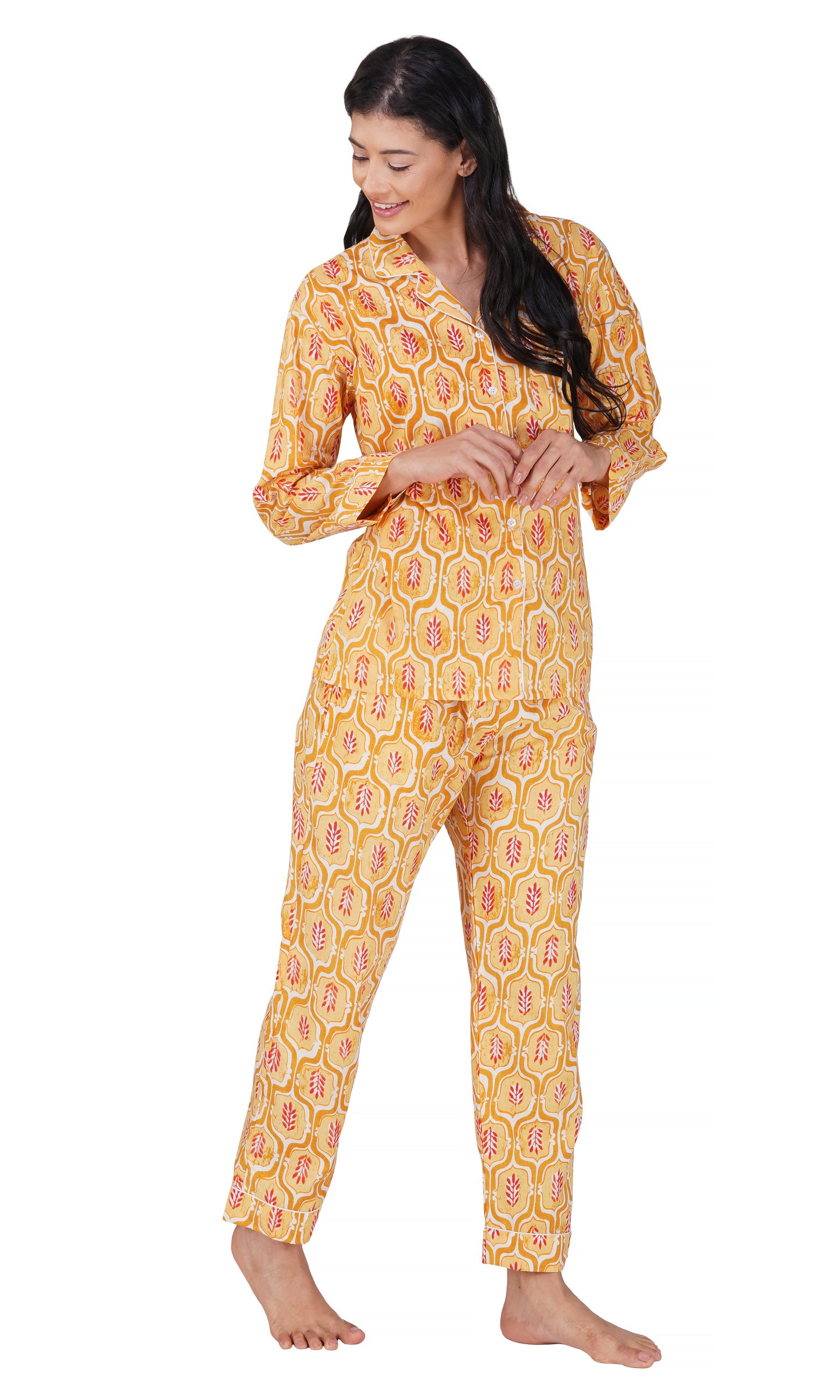 Sunrise Blossom: 3-Piece Yellow Red Block Print Pajama Set