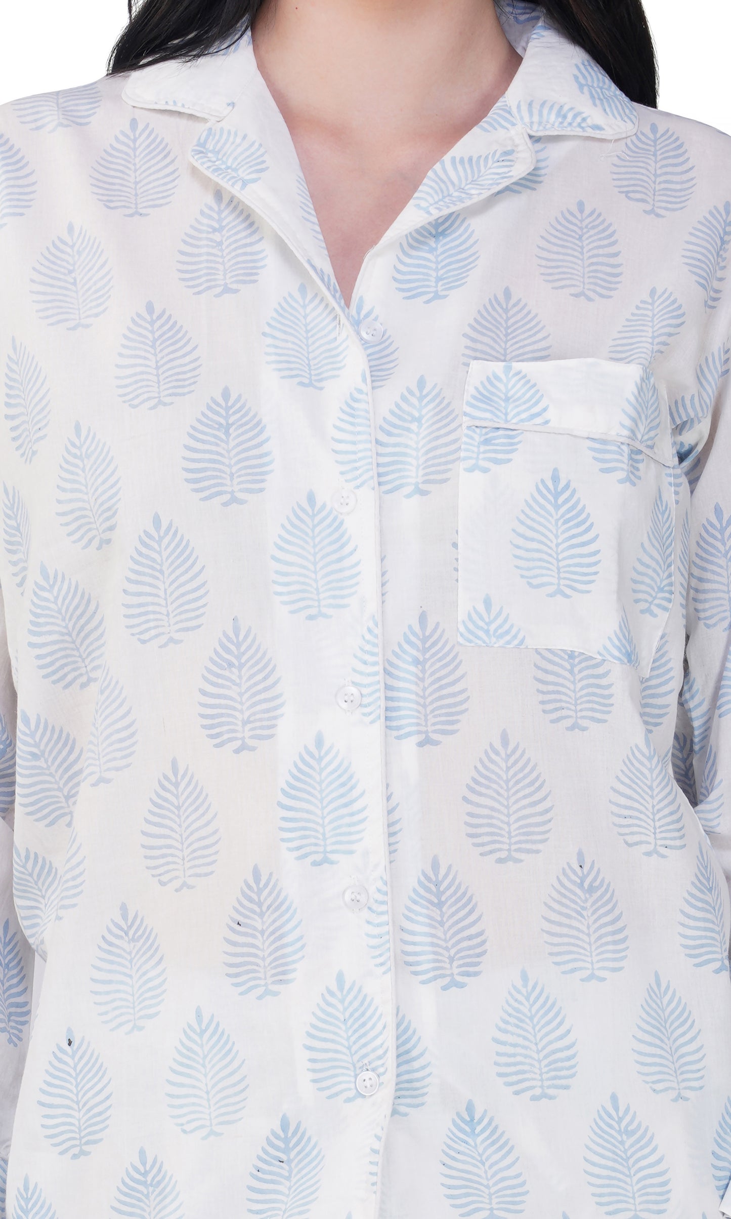 Snowy Leaf Serenity: 3-Piece Blue Leaf Block Pajama Set"