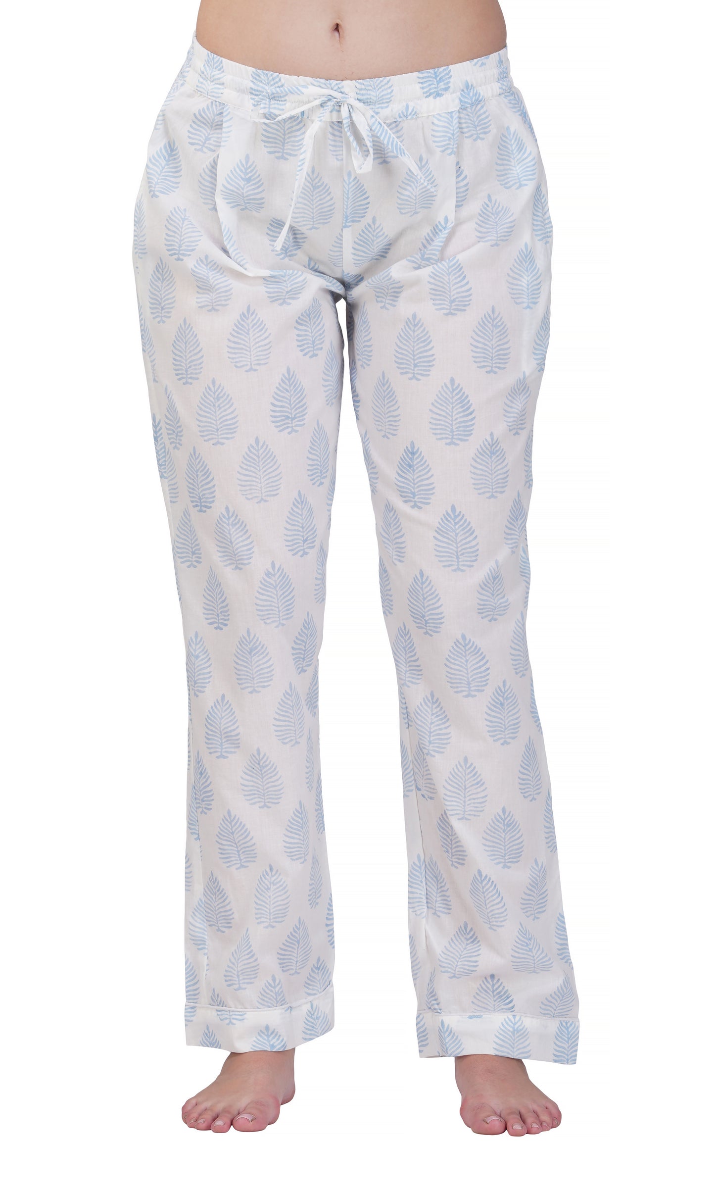 Snowy Leaf Serenity: 3-Piece Blue Leaf Block Pajama Set"