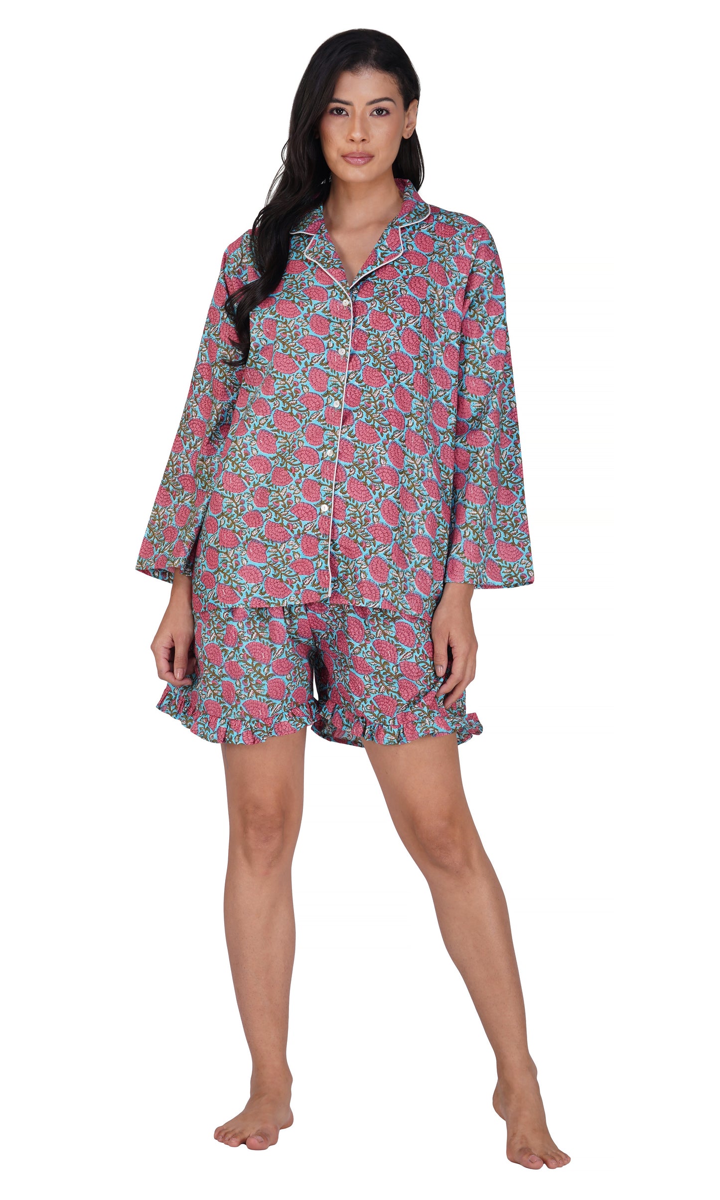 Rose Oasis: 3-Piece Pink Flower Shorts Pajama Set