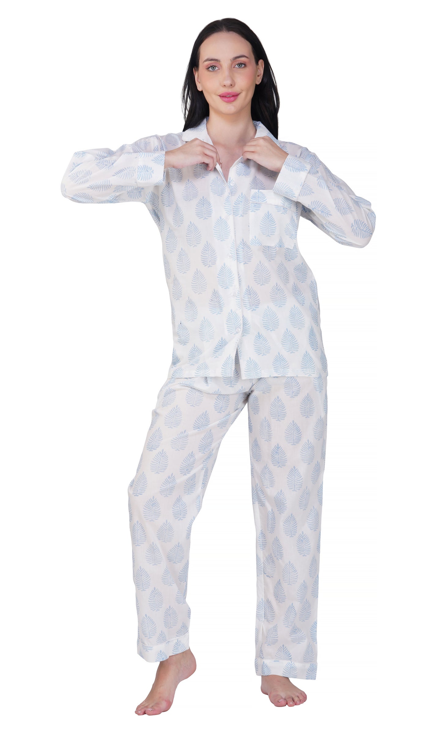 Snowy Leaf Serenity: 3-Piece Blue Leaf Block Pajama Set"