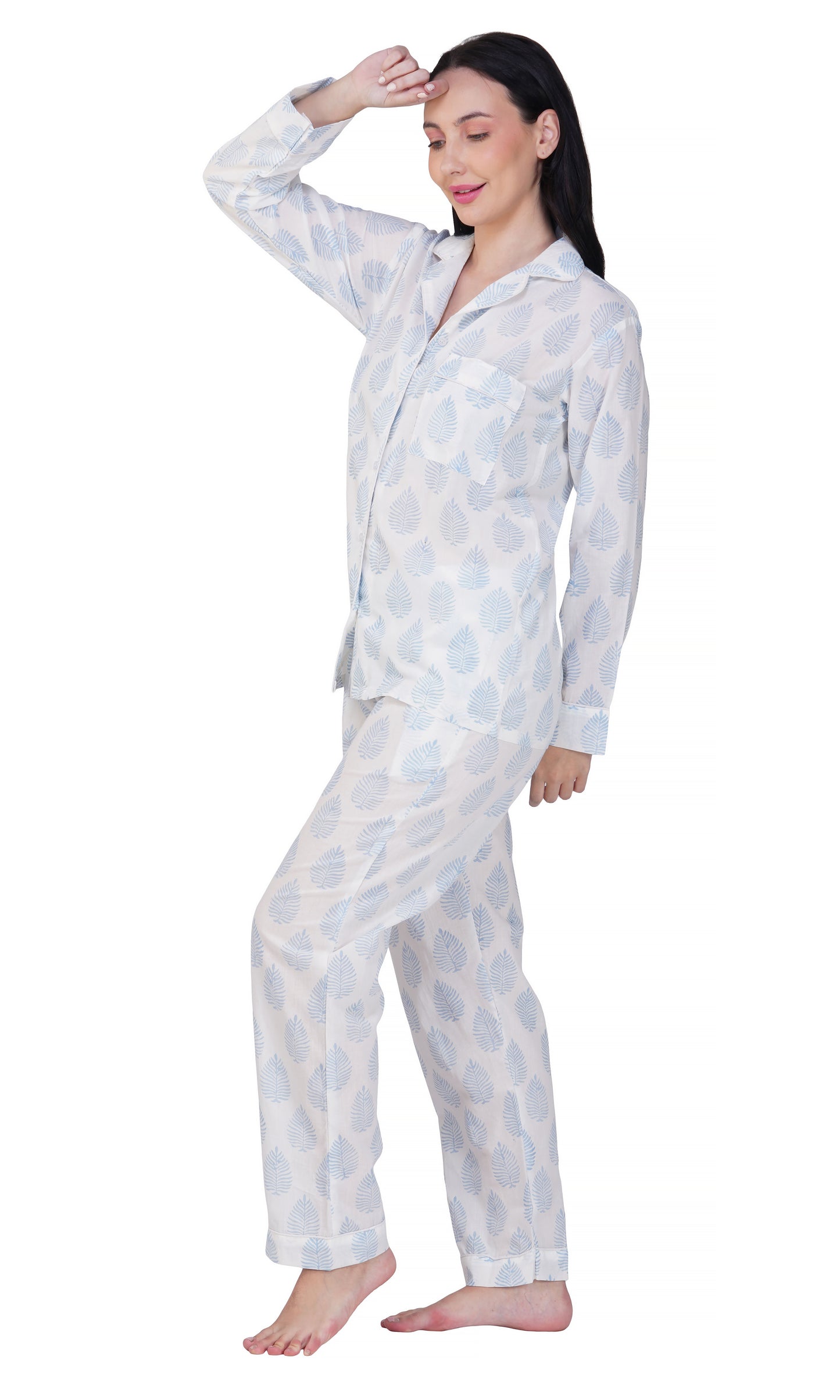 Snowy Leaf Serenity: 3-Piece Blue Leaf Block Pajama Set"