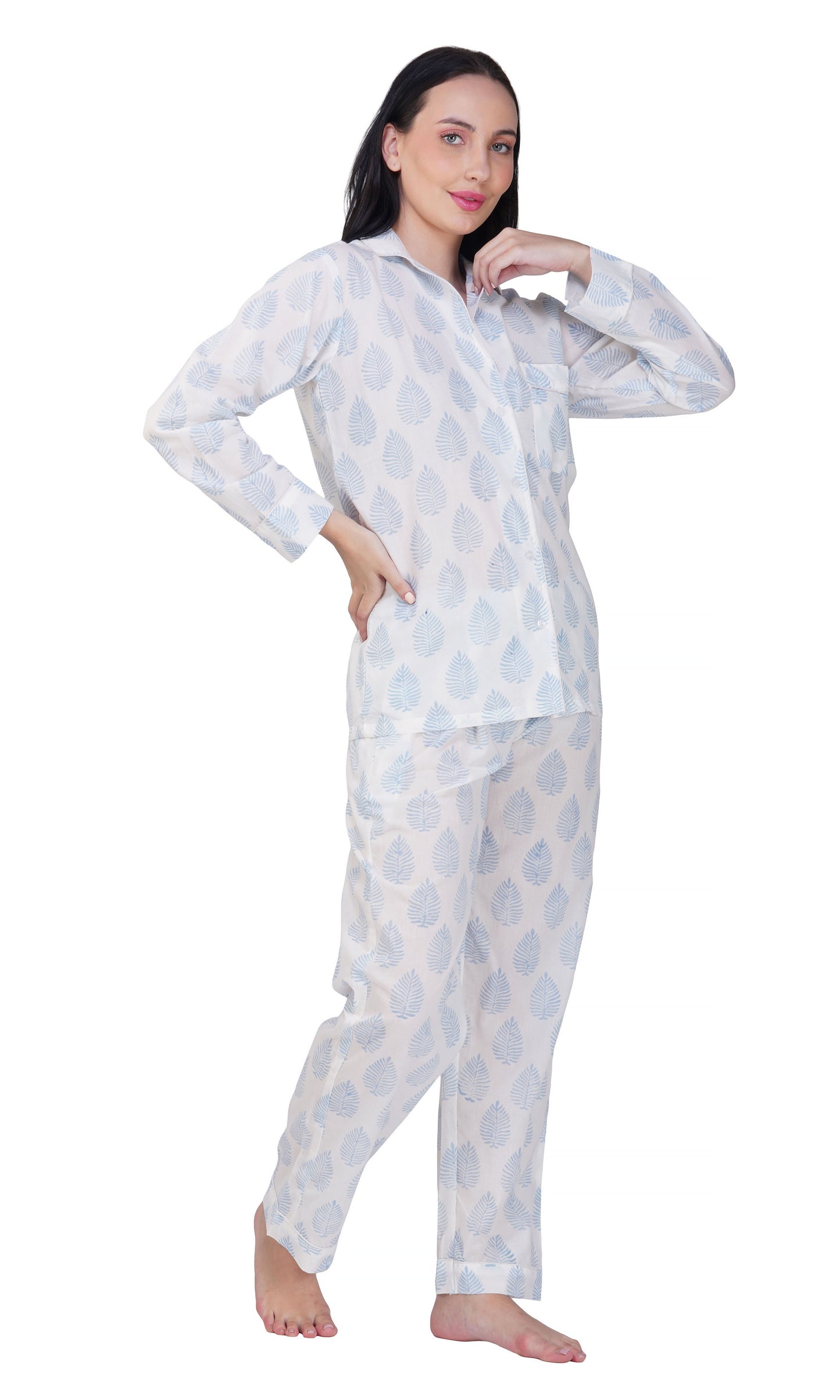 Snowy Leaf Serenity: 3-Piece Blue Leaf Block Pajama Set"