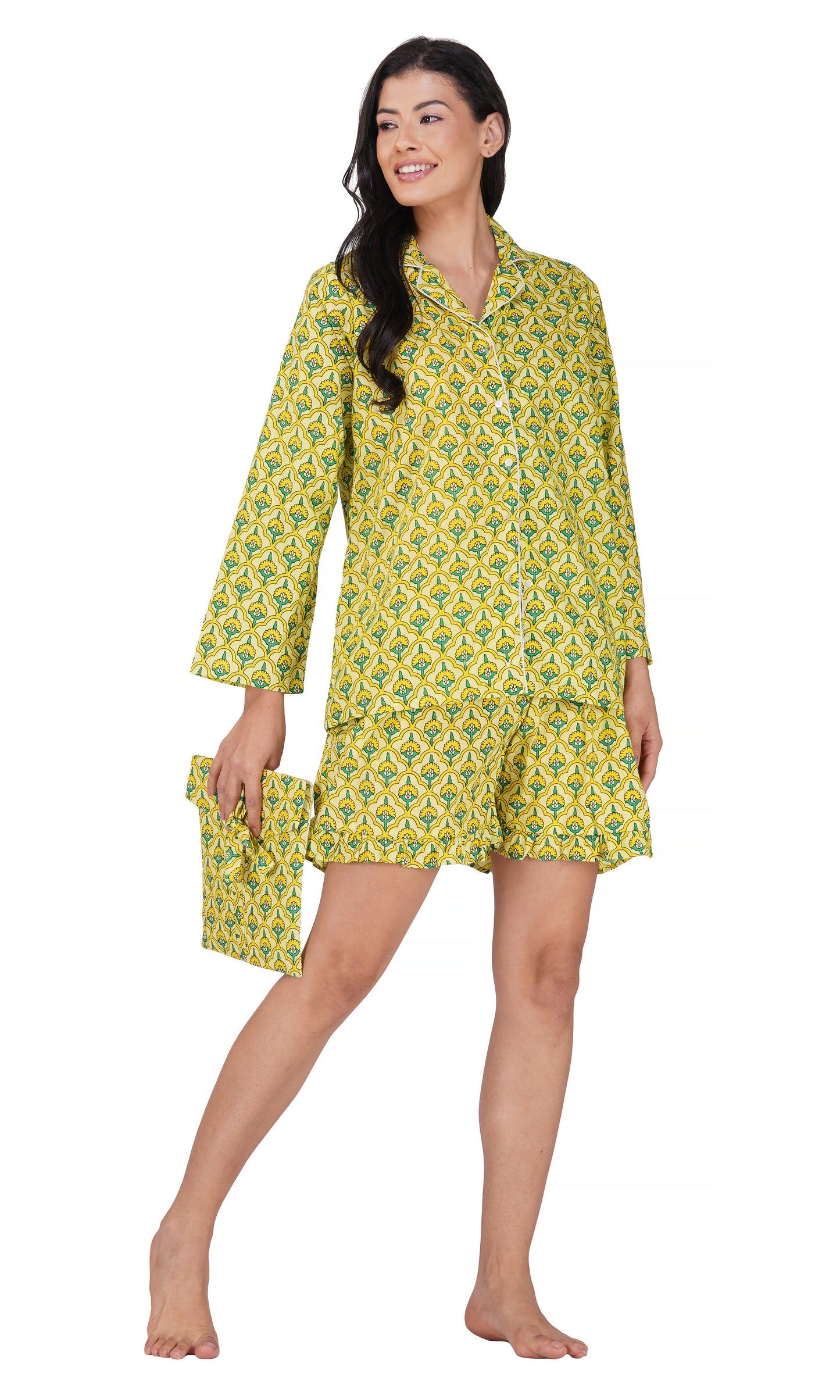 Sunny Meadows: Yellow-Green Floral Block Printed 3-Piece Shorts Set