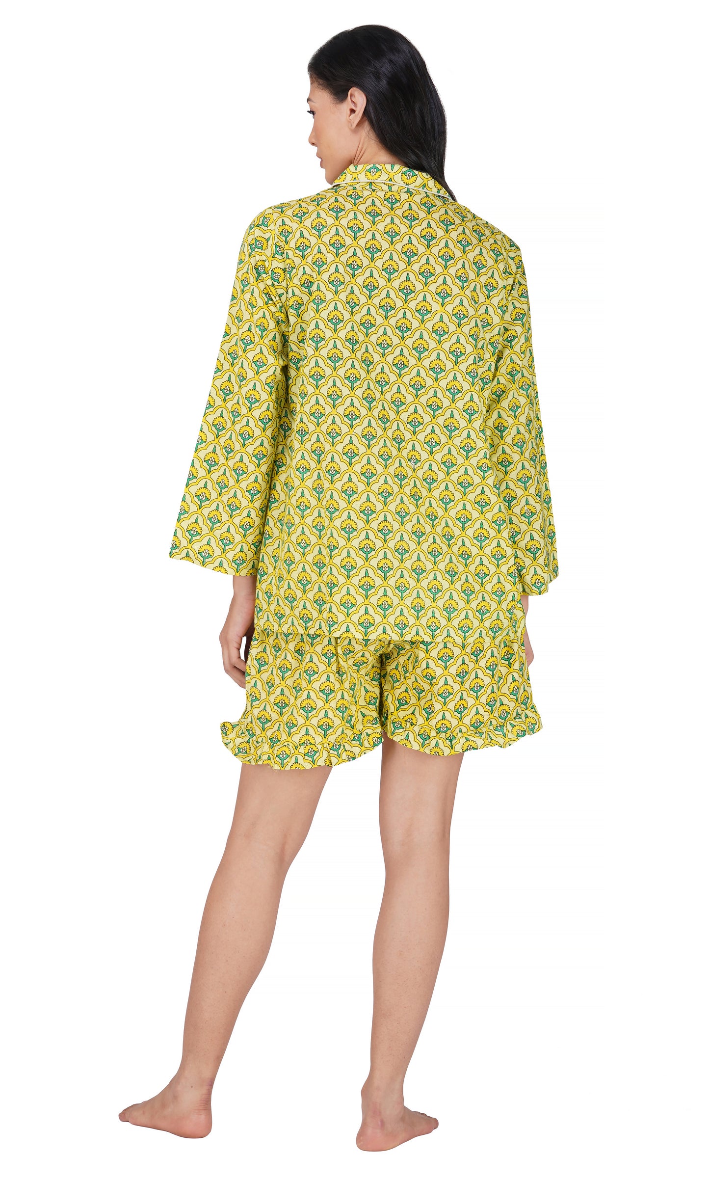 Sunny Meadows: Yellow-Green Floral Block Printed 3-Piece Shorts Set