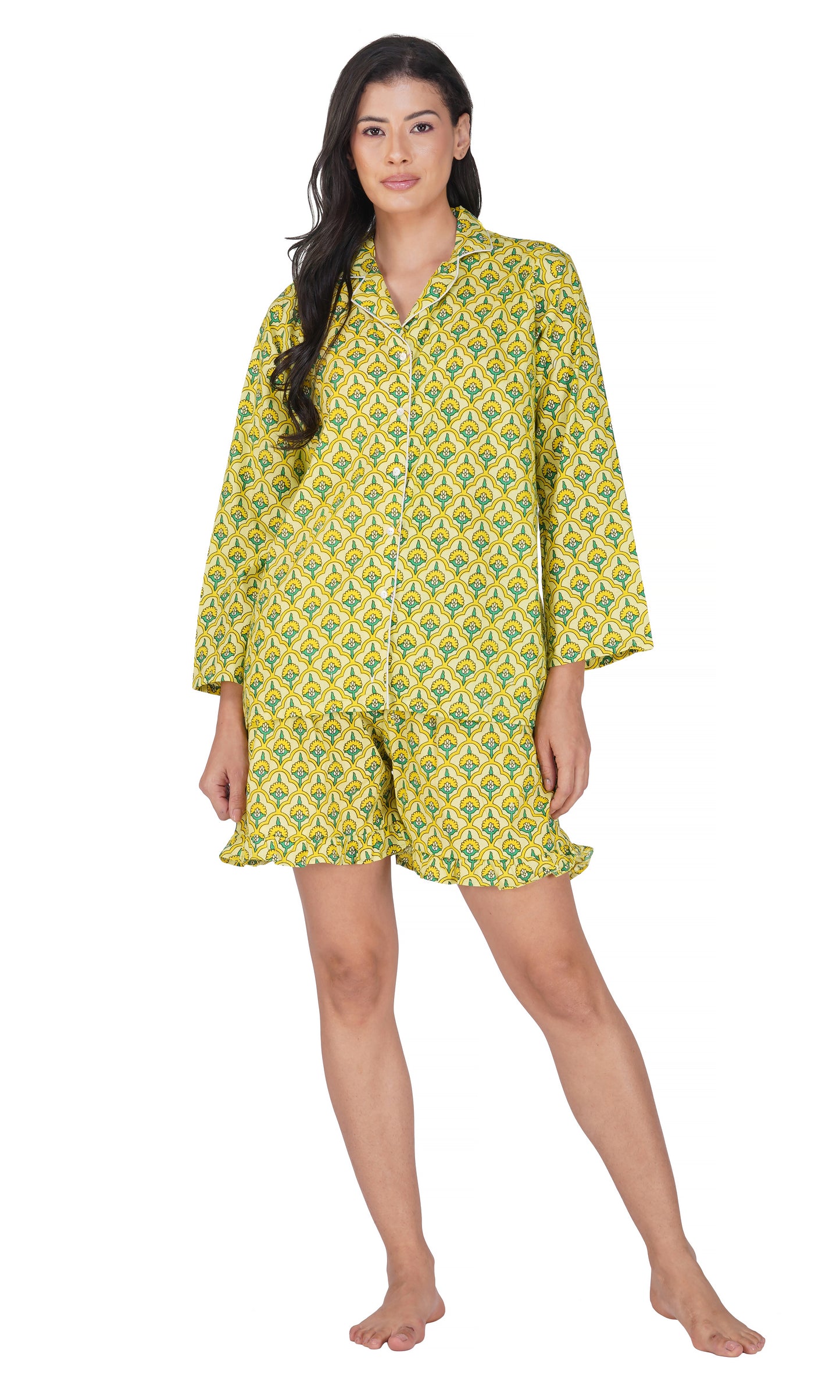 Sunny Meadows: Yellow-Green Floral Block Printed 3-Piece Shorts Set