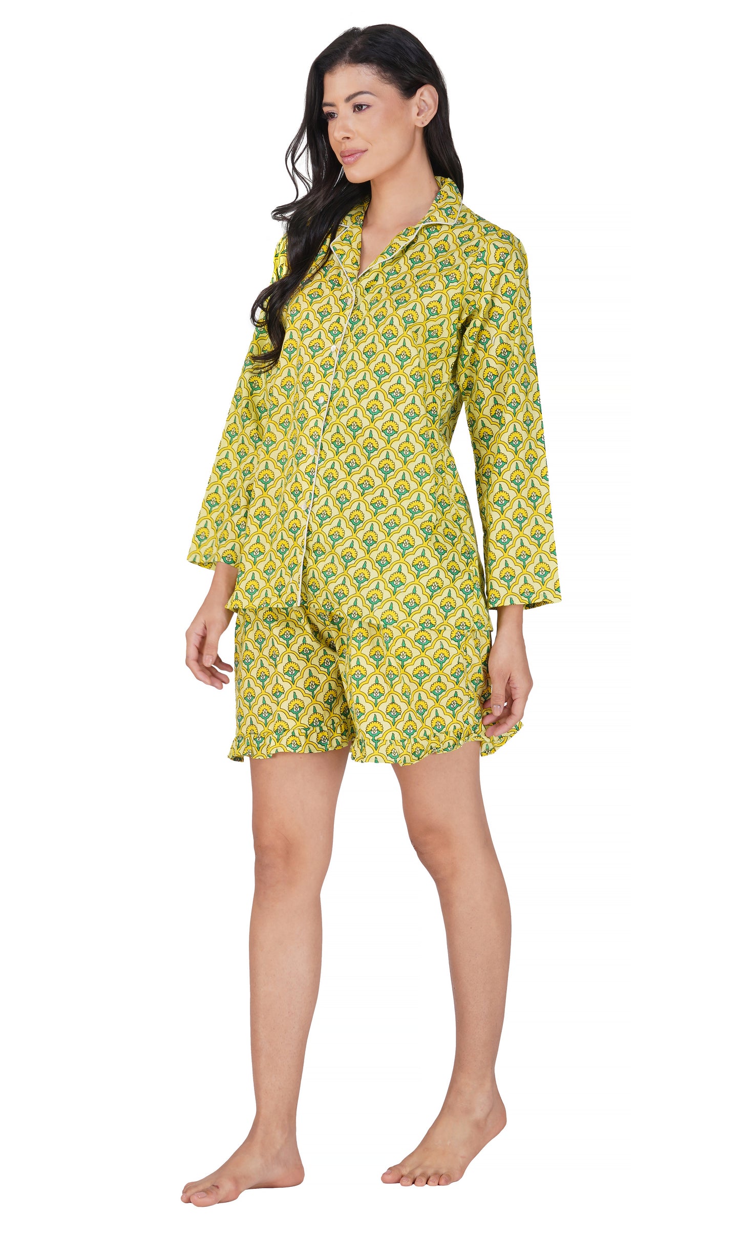 Sunny Meadows: Yellow-Green Floral Block Printed 3-Piece Shorts Set