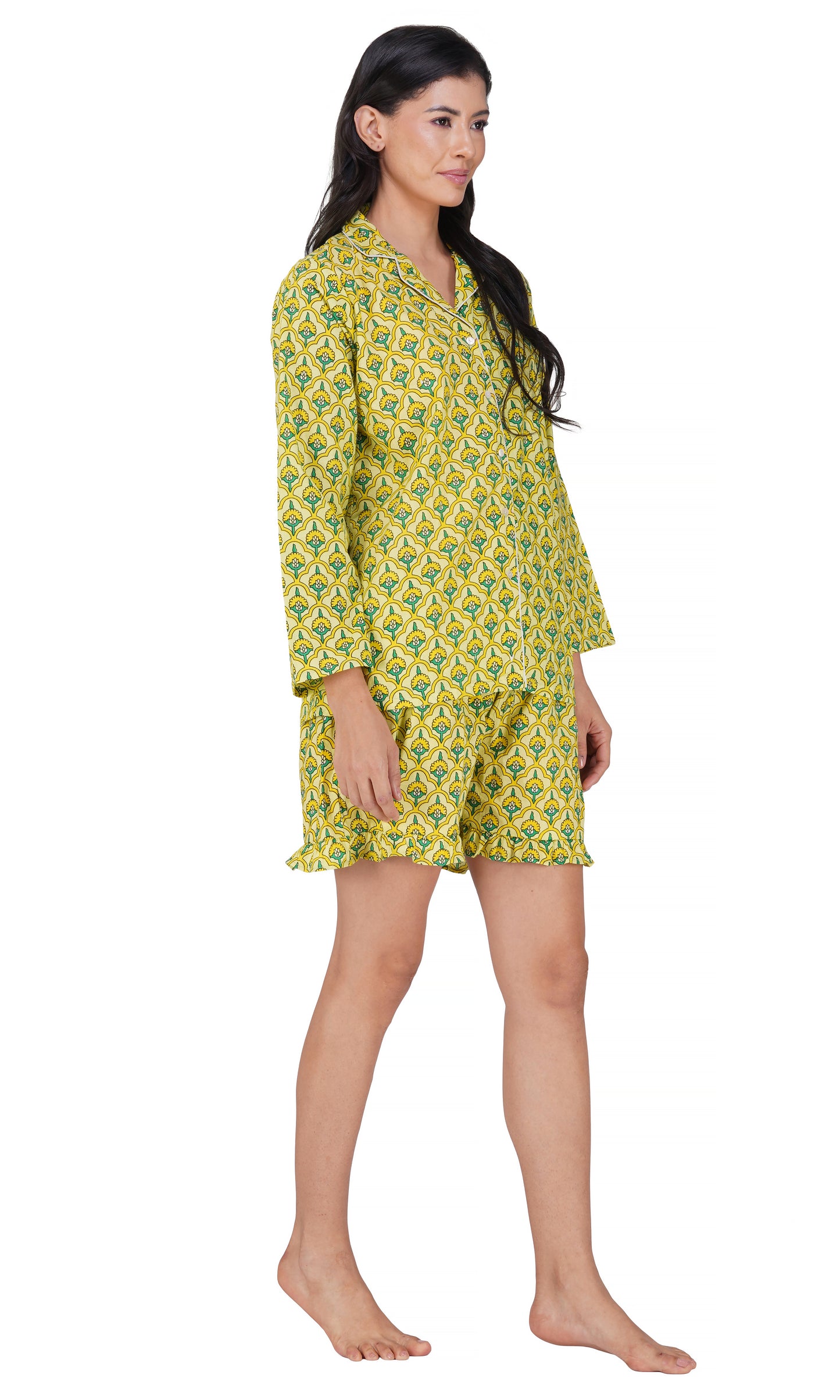 Sunny Meadows: Yellow-Green Floral Block Printed 3-Piece Shorts Set