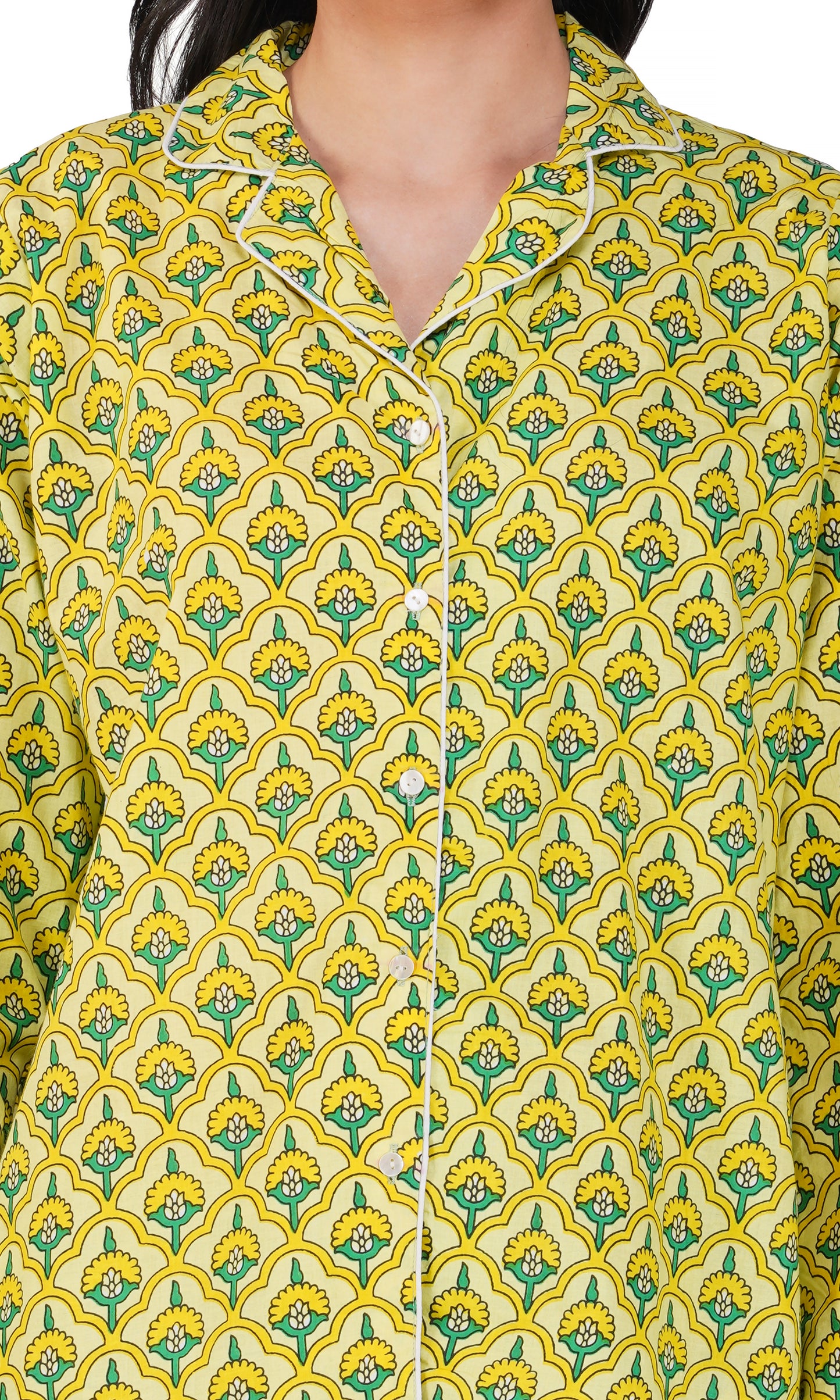 Sunny Meadows: Yellow-Green Floral Block Printed 3-Piece Shorts Set