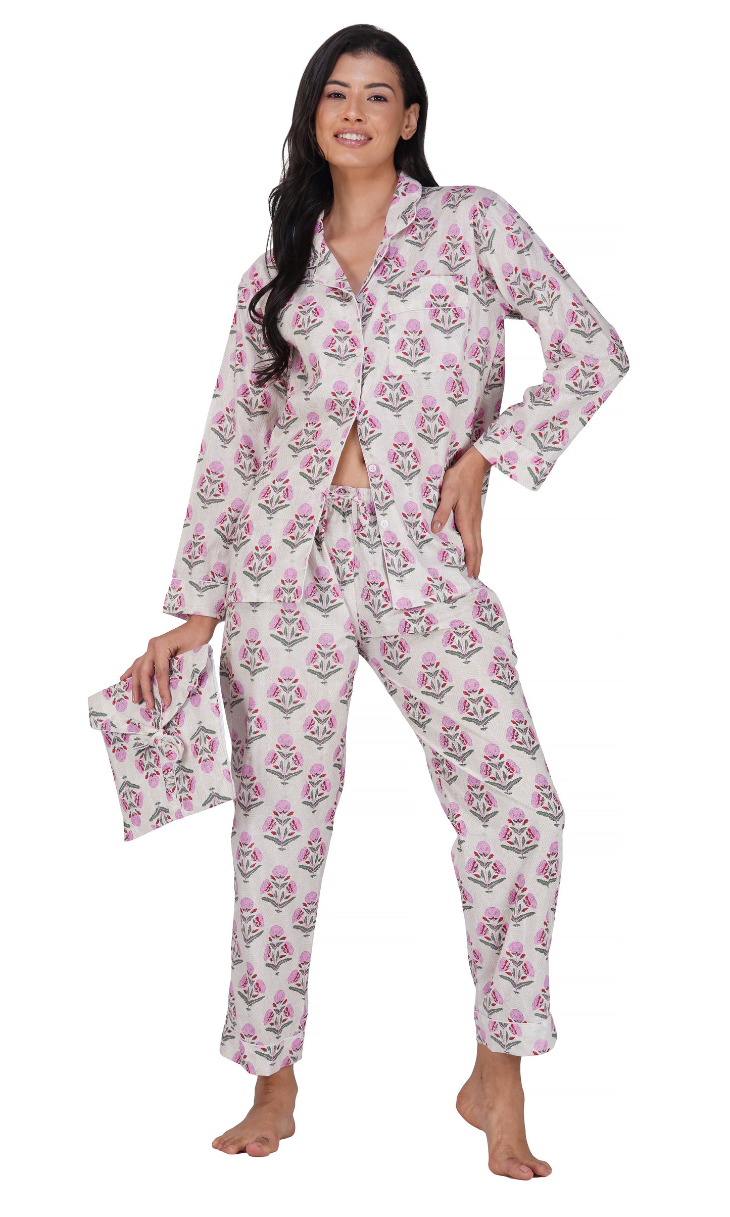 Blush Bloom: Pink & Grey Flower Booti Print- 3 piece pajama set
