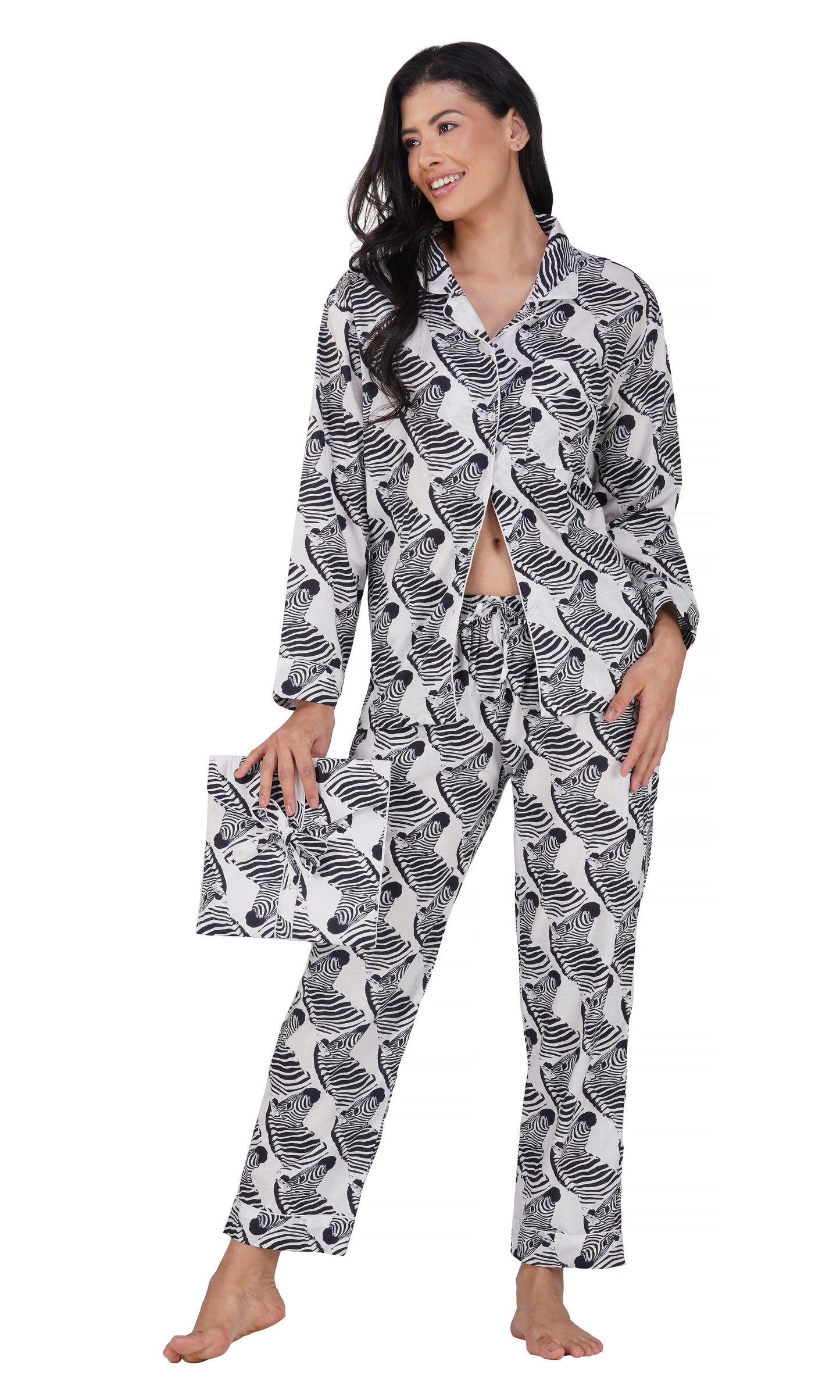 Zebra Serenity: 3-Piece Women's Soft Cotton Pajama Set