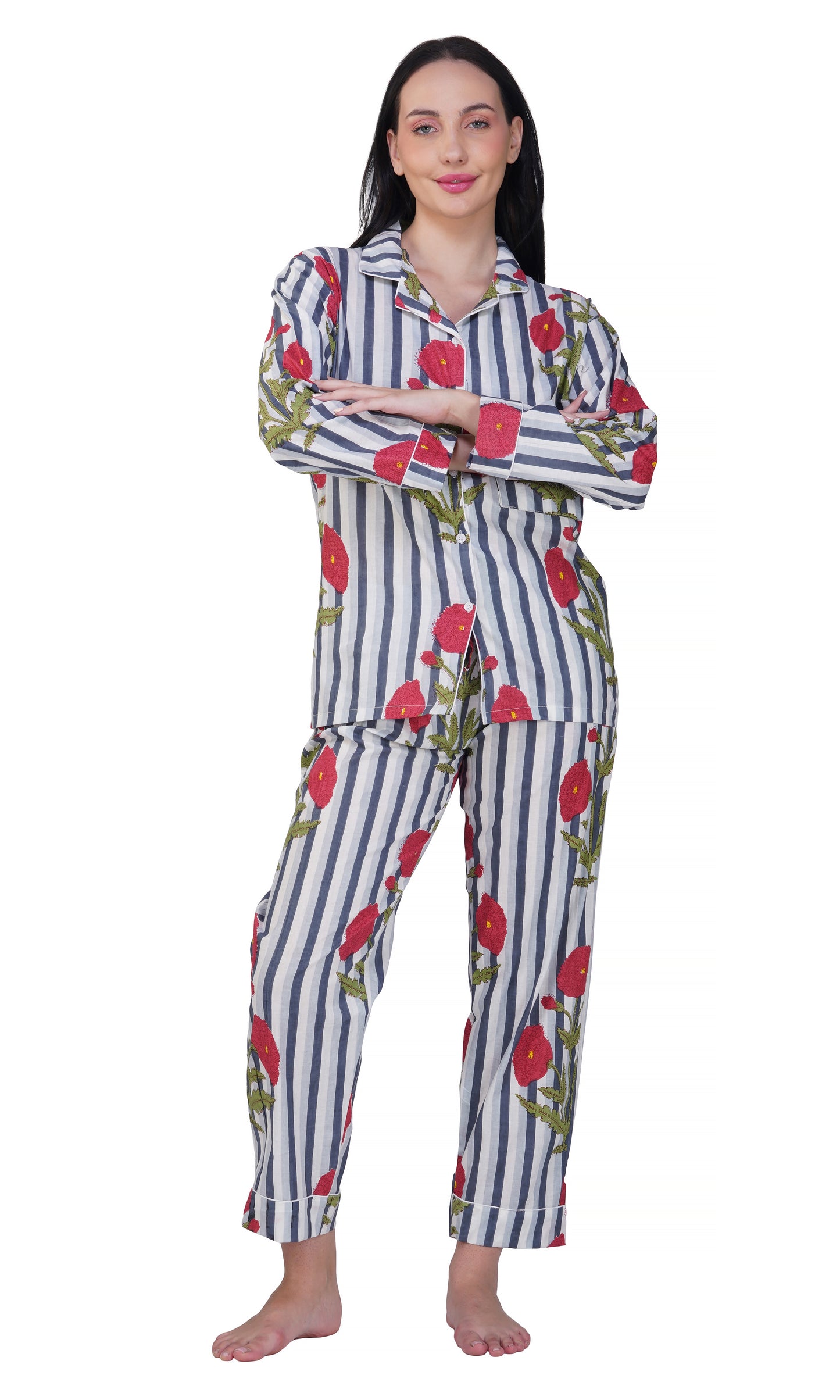 Poppy Dreams: 3-Piece Floral & Stripes Night Suit Set"