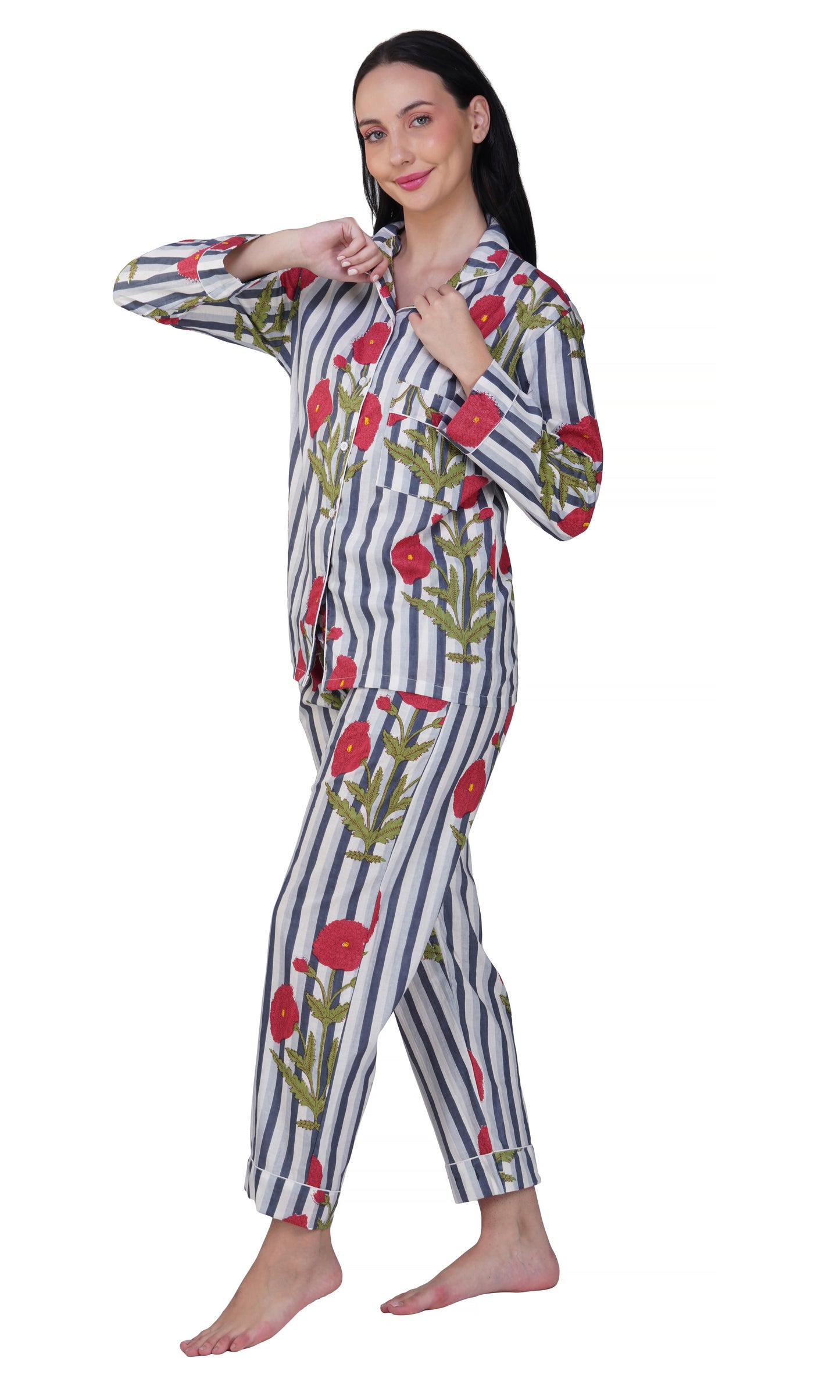 Poppy Dreams: 3-Piece Floral & Stripes Night Suit Set"