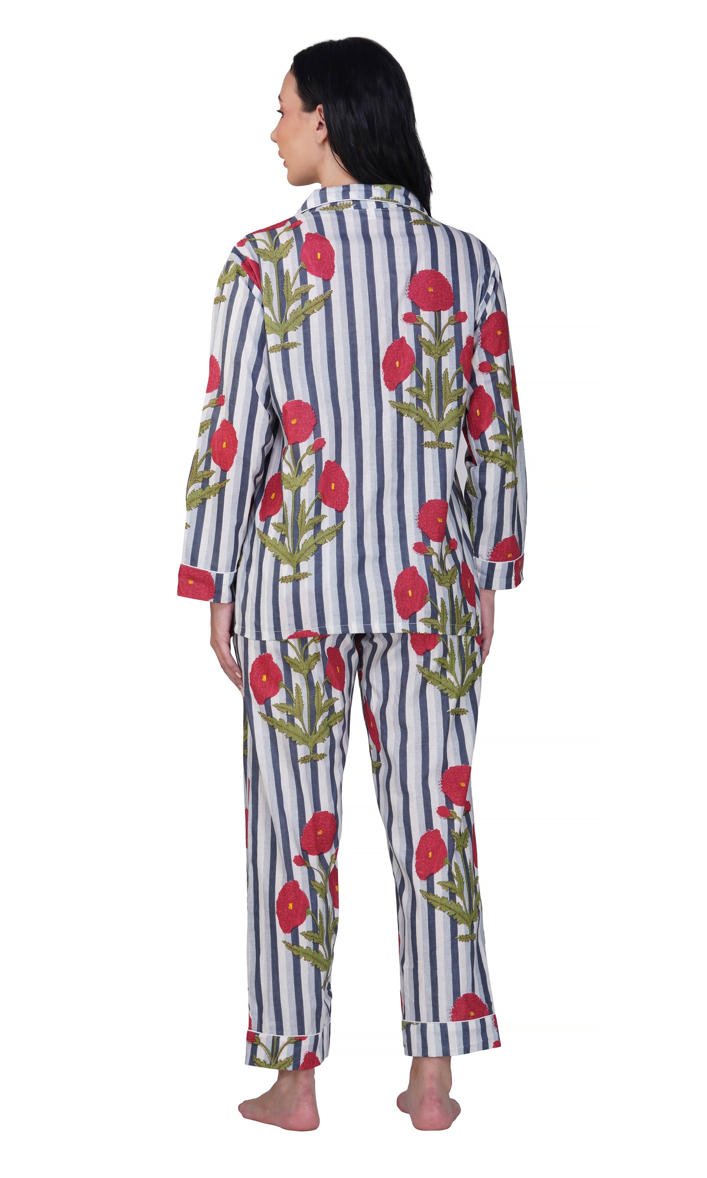 Poppy Dreams: 3-Piece Floral & Stripes Night Suit Set"