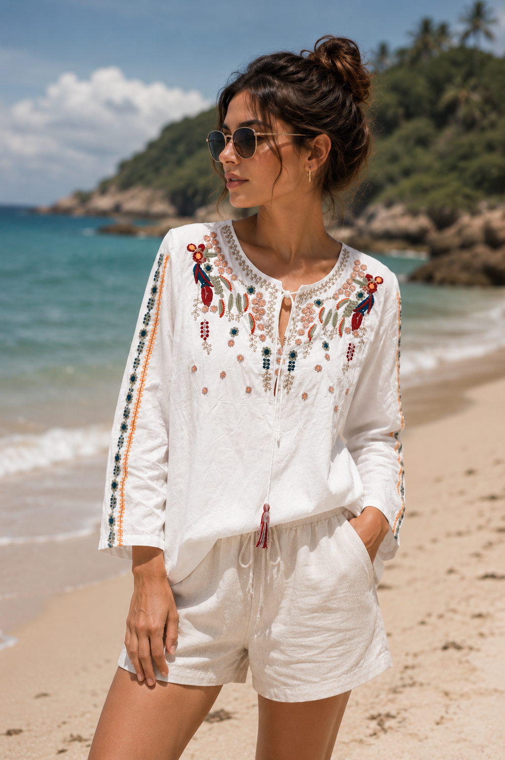 Bohemian Floral Embroidered White Tunic Top