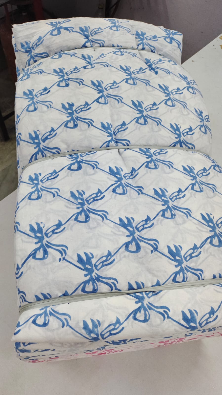 Bow Affair – Blue Block Print Cotton Pajama Set with Eye Mask