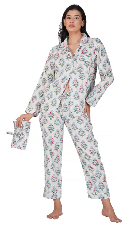 Blue Bloom: 3-Piece Women's Block Printed Pajama Set
