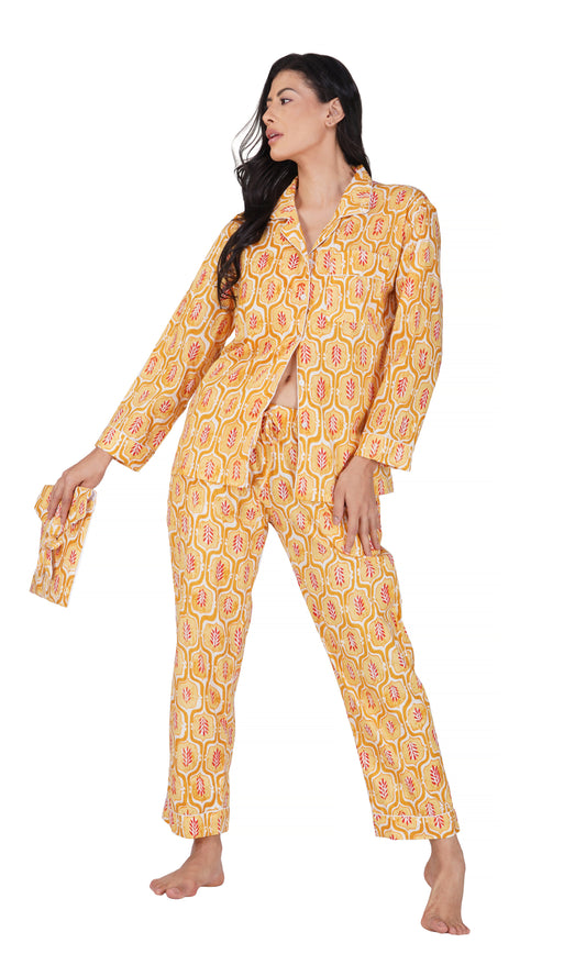 Sunrise Blossom: 3-Piece Yellow Red Block Print Pajama Set