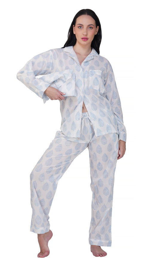 Snowy Leaf Serenity: 3-Piece Blue Leaf Block Pajama Set"