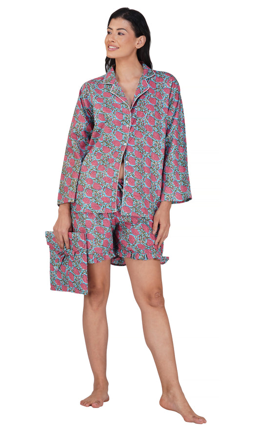 Rose Oasis: 3-Piece Pink Flower Shorts Pajama Set