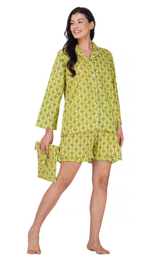Sunny Meadows: Yellow-Green Floral Block Printed 3-Piece Shorts Set