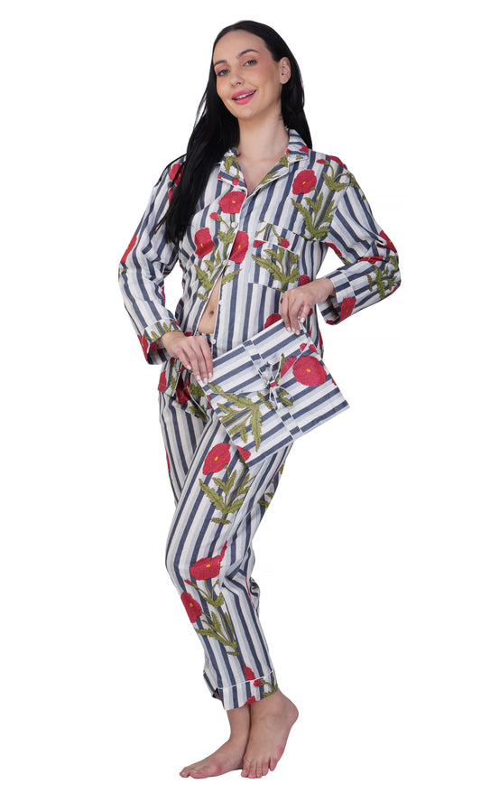 Poppy Dreams: 3-Piece Floral & Stripes Night Suit Set"
