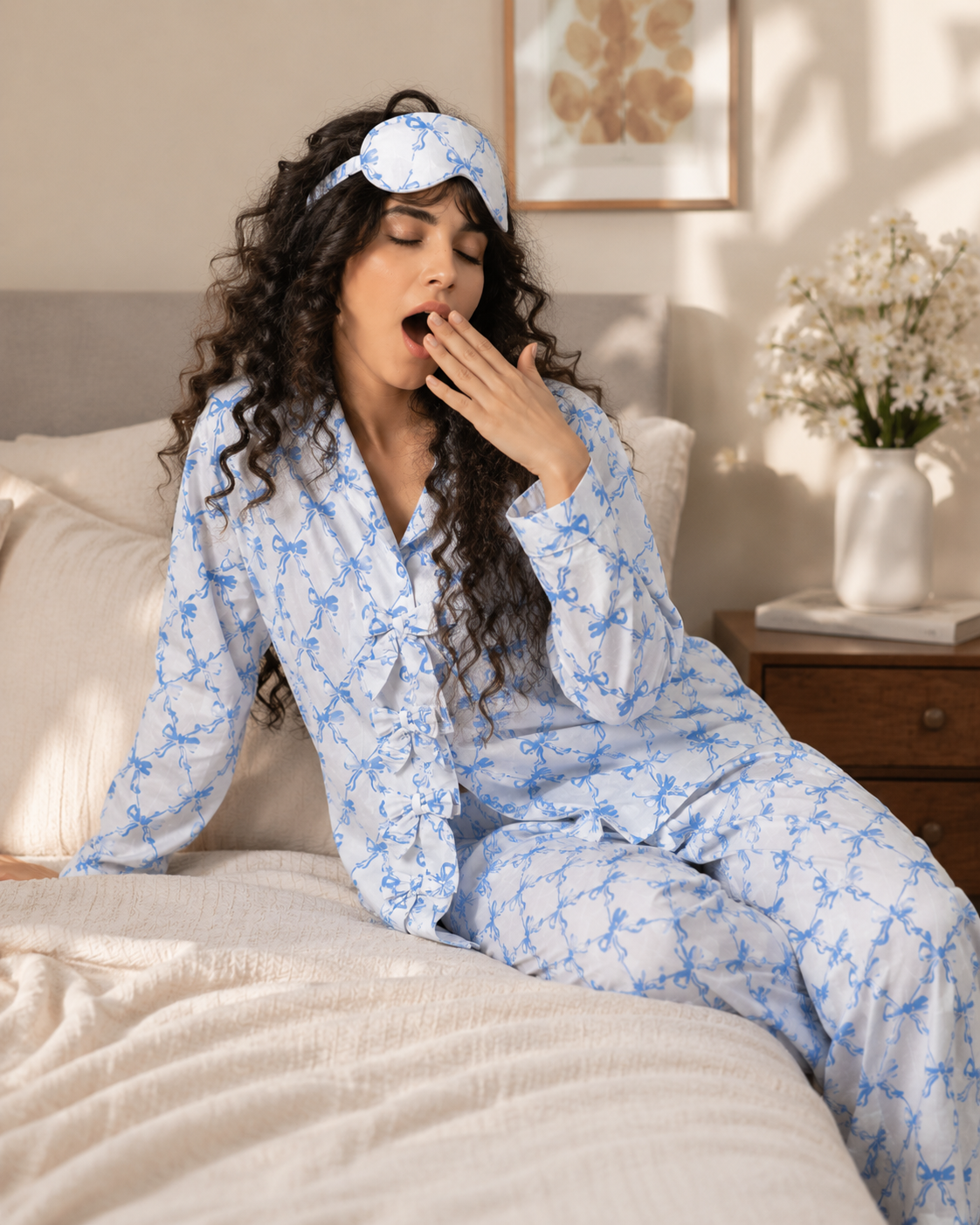 Bow Affair – Blue Block Print Cotton Pajama Set with Eye Mask