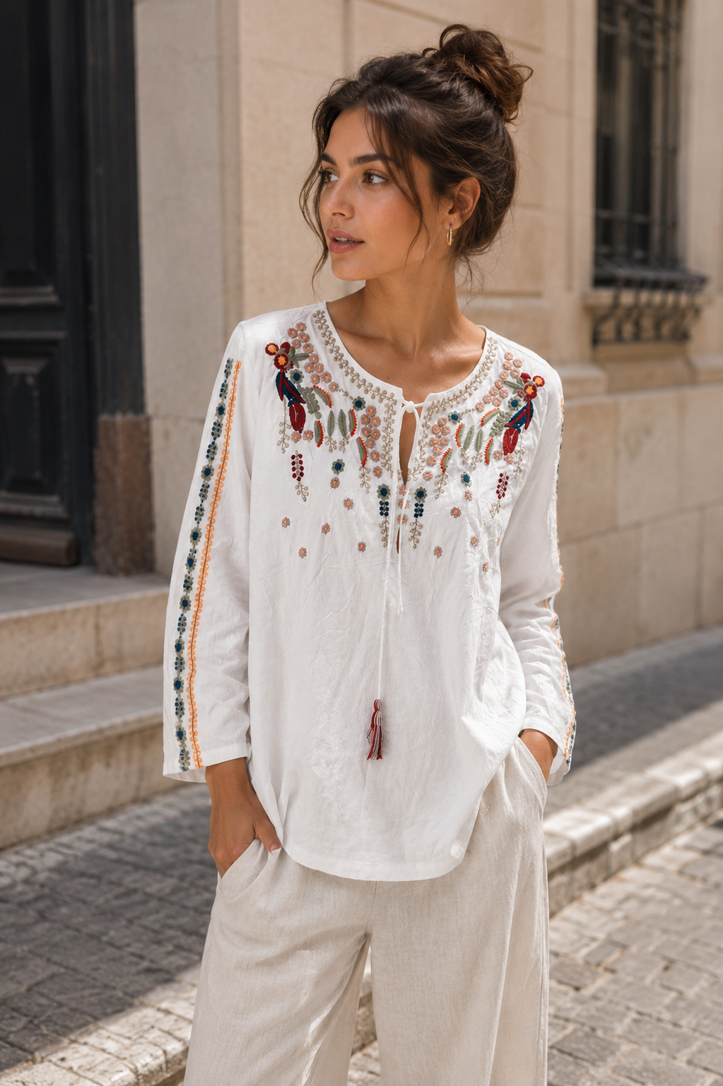 Bohemian Floral Embroidered White Tunic Top
