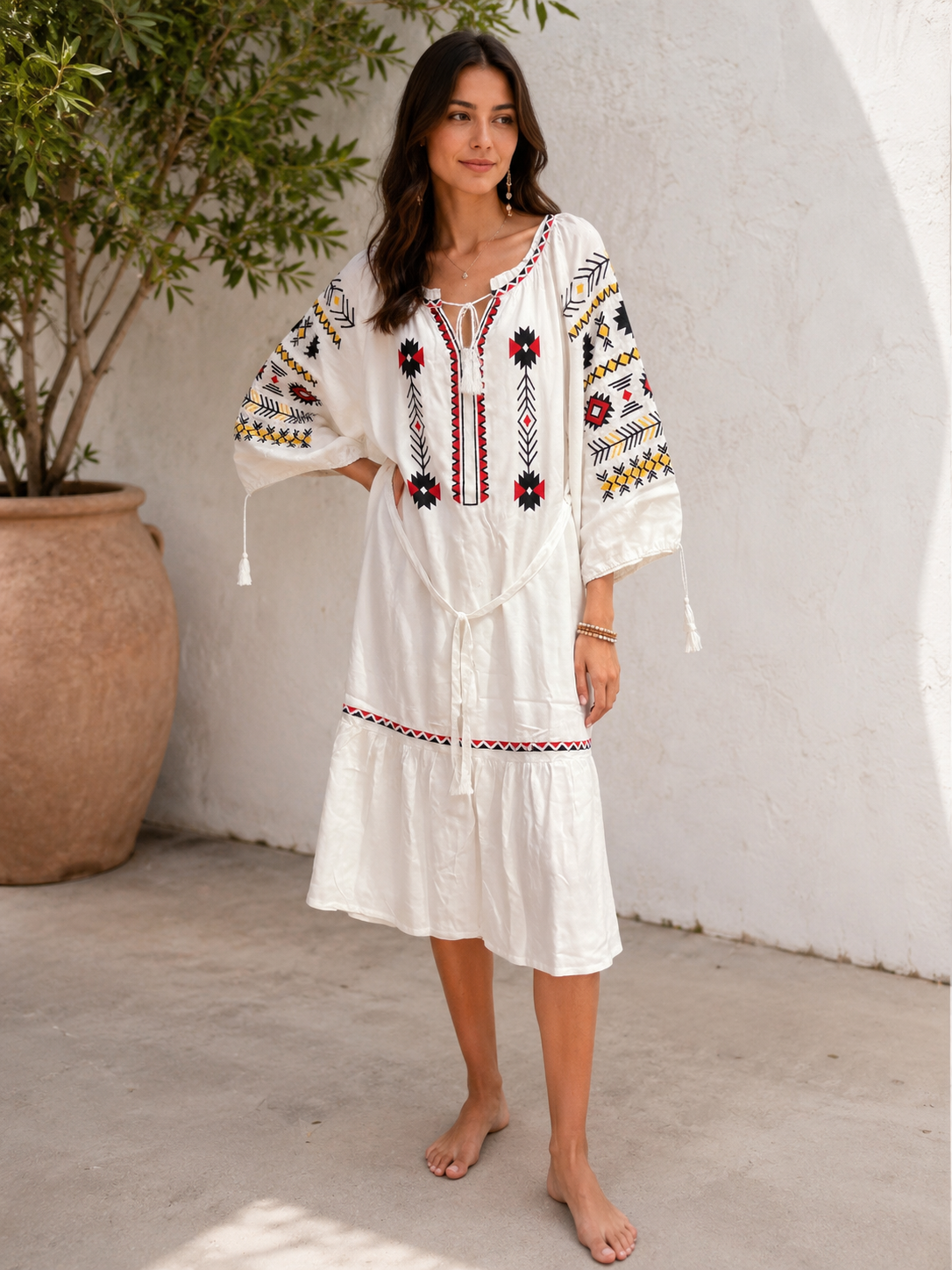 Bohemian Embroidered White Midi Dress – Geometric Tribal Pattern Resort Dress