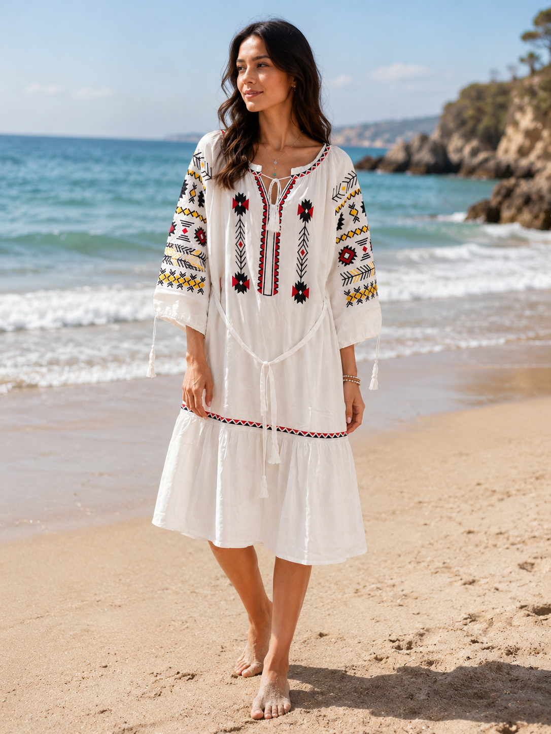 Bohemian Embroidered White Midi Dress – Geometric Tribal Pattern Resort Dress