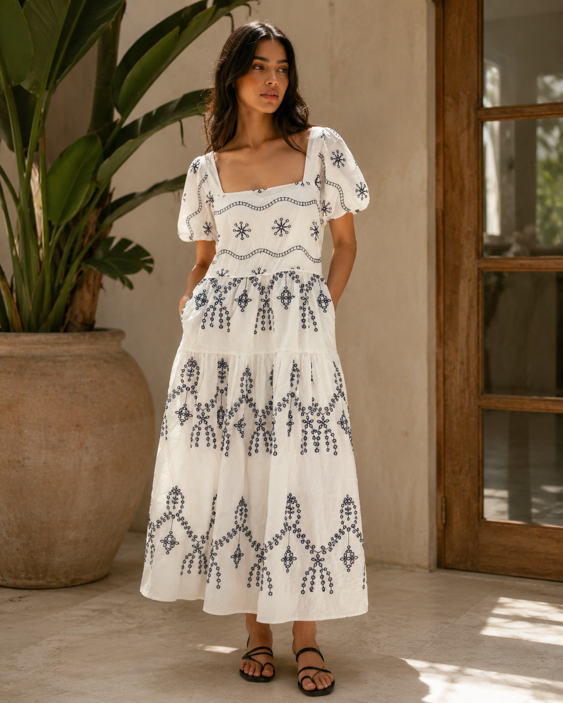 Celeste Hand-Embroidered Cotton Maxi Dress – White & Navy