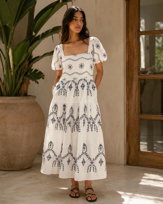 Celeste Hand-Embroidered Cotton Maxi Dress – White & Navy