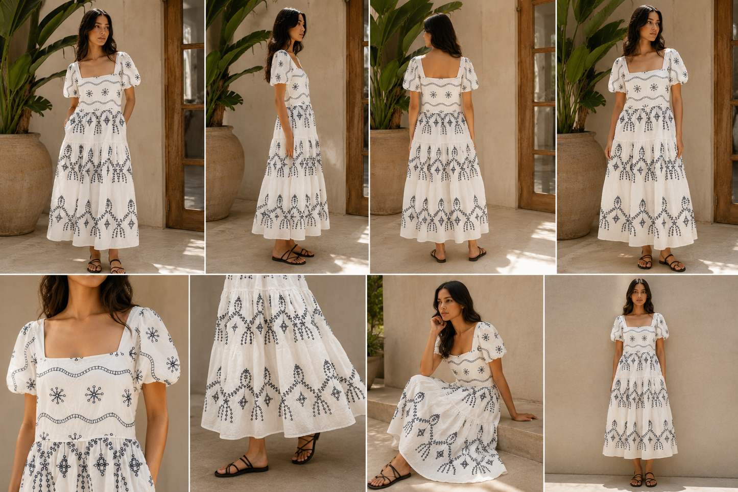 Celeste Hand-Embroidered Cotton Maxi Dress – White & Navy