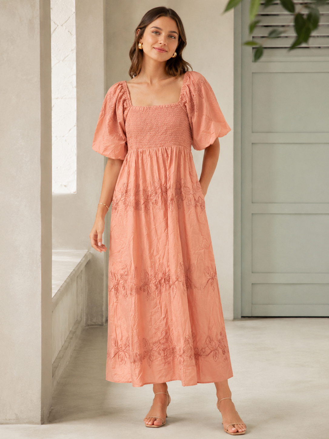 Blush Bloom Smocked Maxi Dress with Puff Sleeves