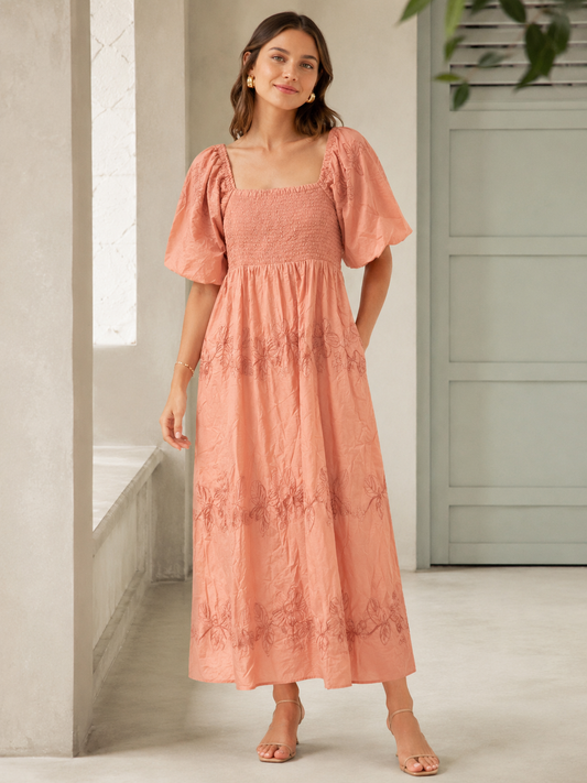 Blush Bloom Smocked Maxi Dress with Puff Sleeves