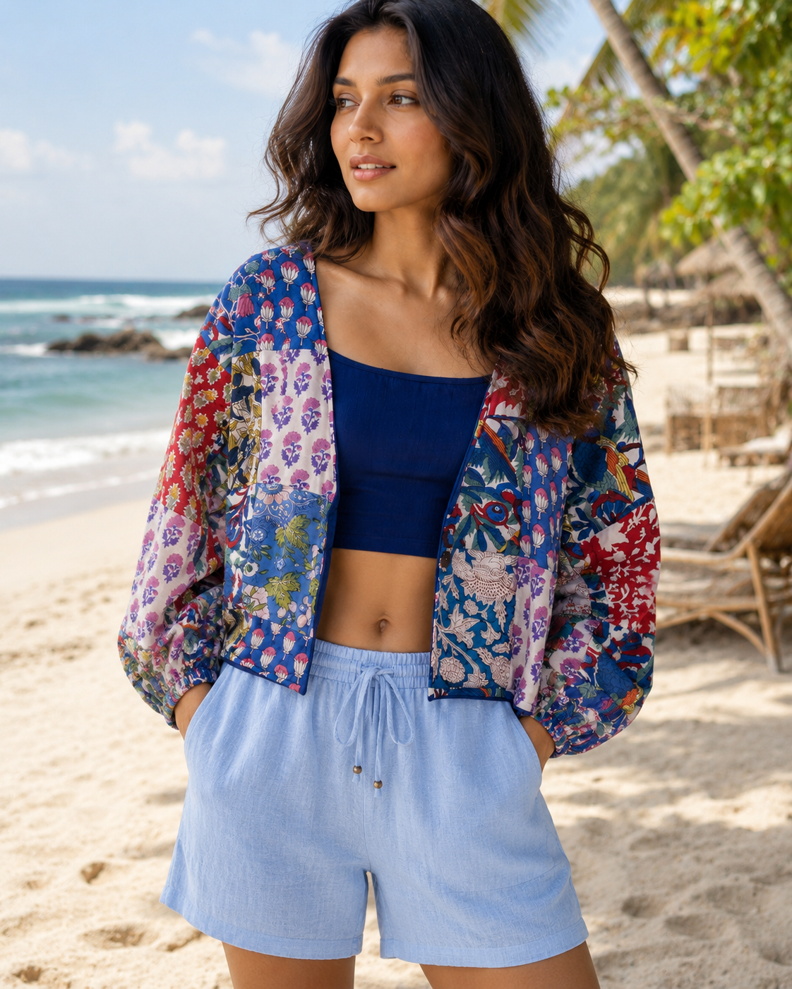 Boho Patchwork Printed Cropped Jacket – Coastal Resort Edit