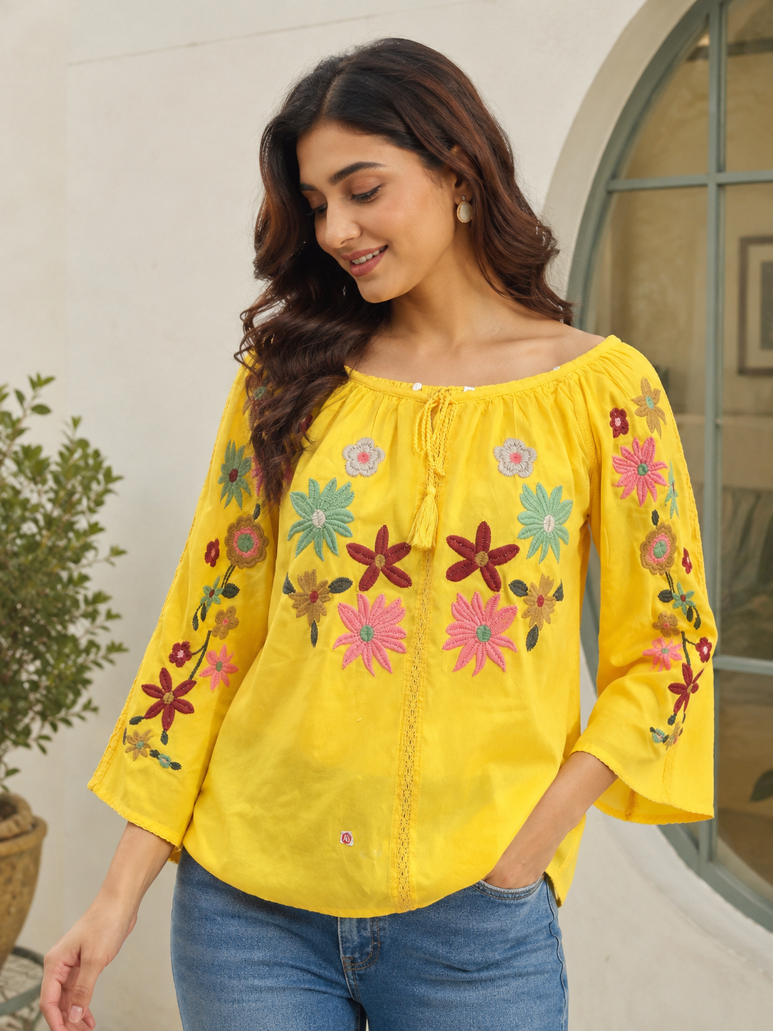 Sunny Bloom Embroidered Off-Shoulder Top – Yellow Floral Boho Blouse